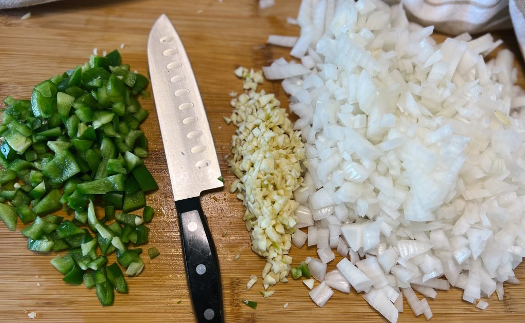 chopped green pepper, diced garlic and onions