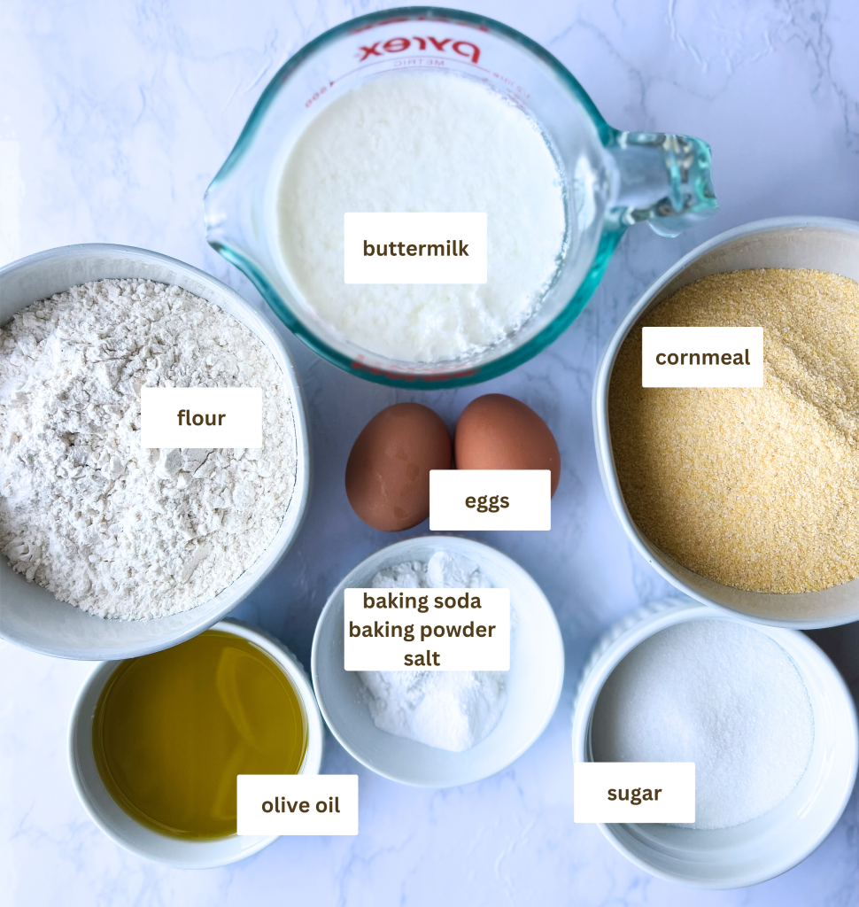 buttermilk cornbread ingredient picture
buttermilk, cornmeal, flour, eggs, olive oil, sugar, baking soda, baking powder, salt