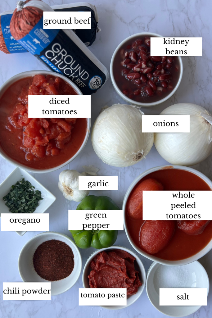 chili ingredients ground beef, kidney beans, diced tomatoes, onions, garlic, green pepper, whole peeled tomatoes, oregano, chili powder, salt, tomato paste