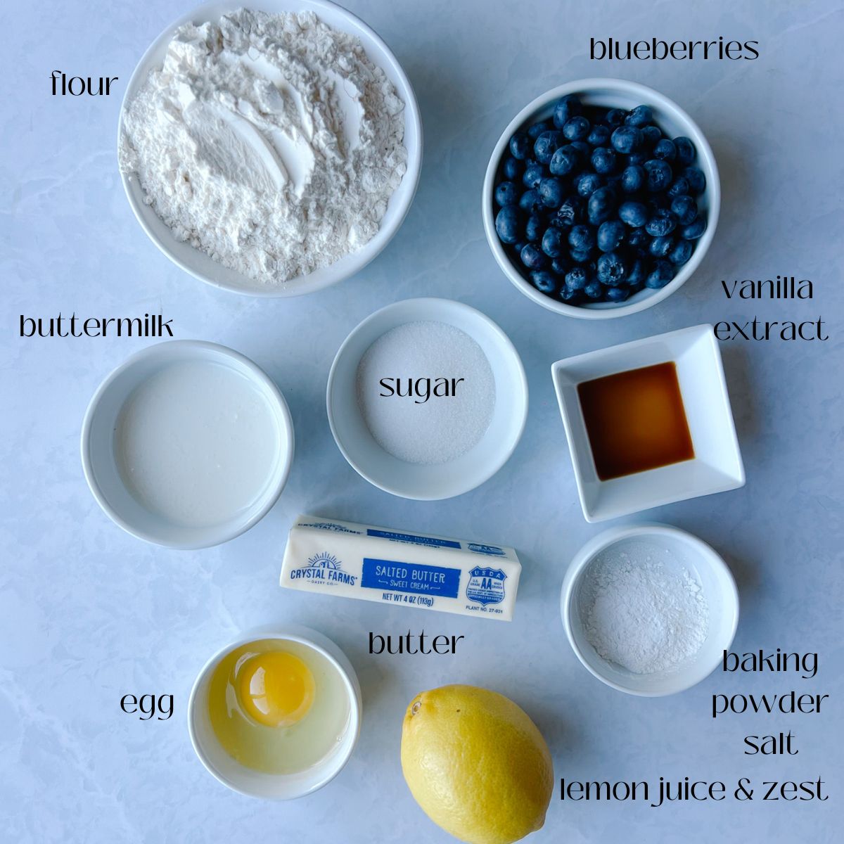 ingredient shot for lemon blueberry scones.