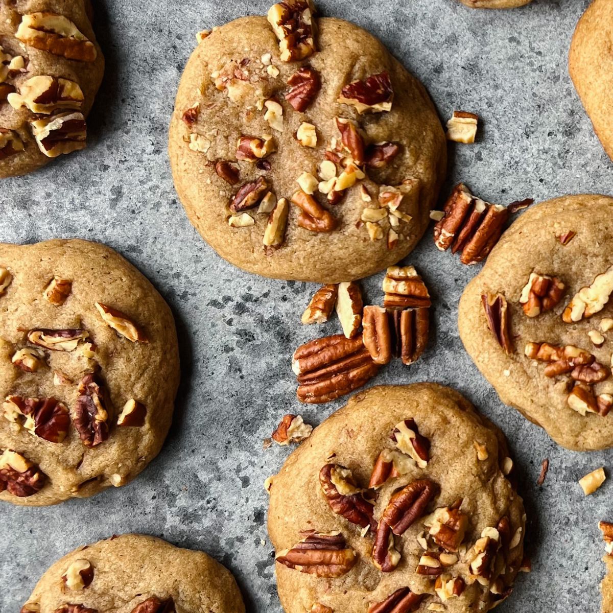brown butter pecan cookies on a counter.