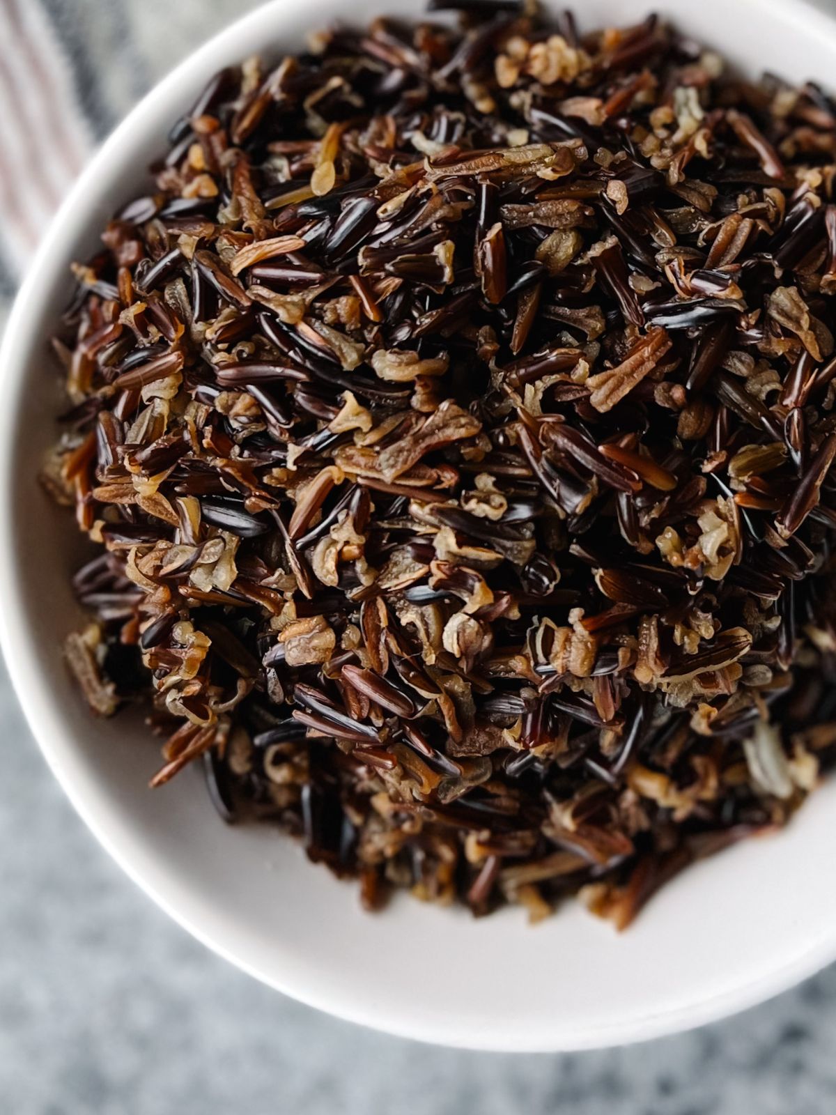 Closeup of a bowl of cooked wild rice. 