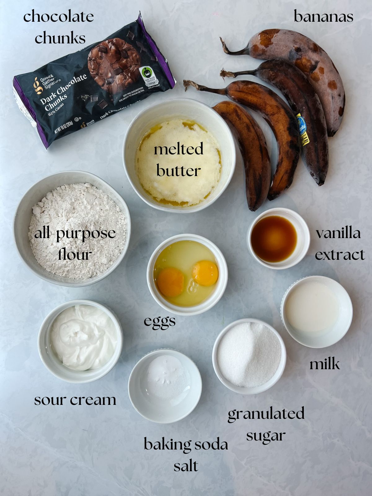 Picture of ingredients needed for the chocolate chunk banana bread. 