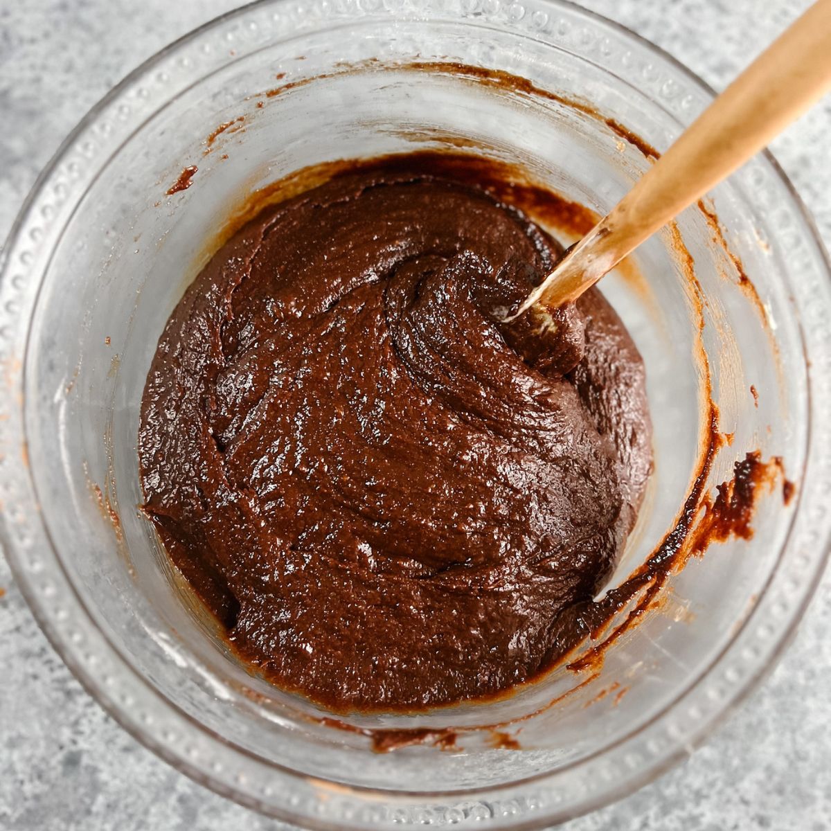 Sourdough discard brownie batter in a mixing bowl. 