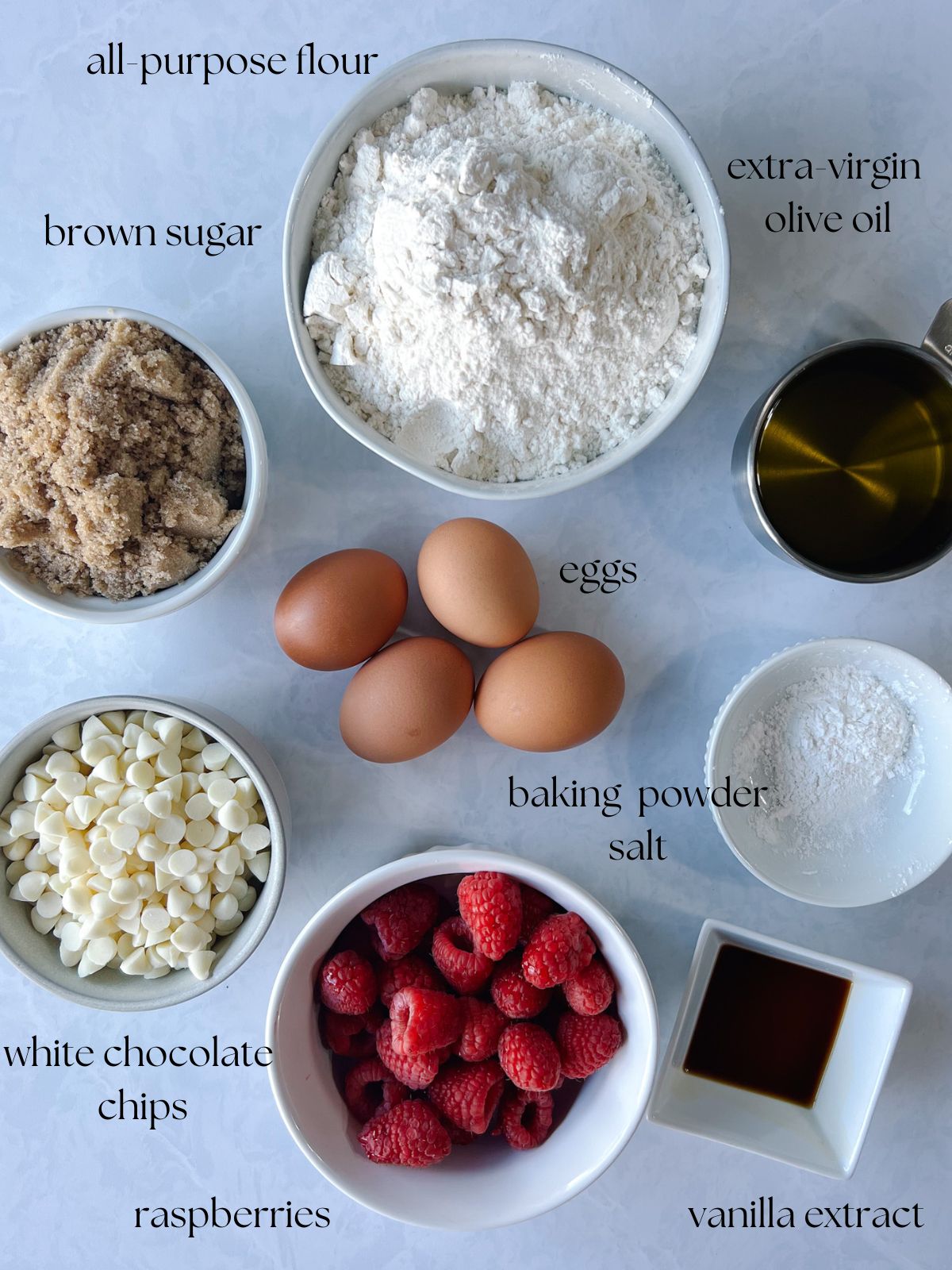 Ingredients for the white chocolate raspberry blondies.