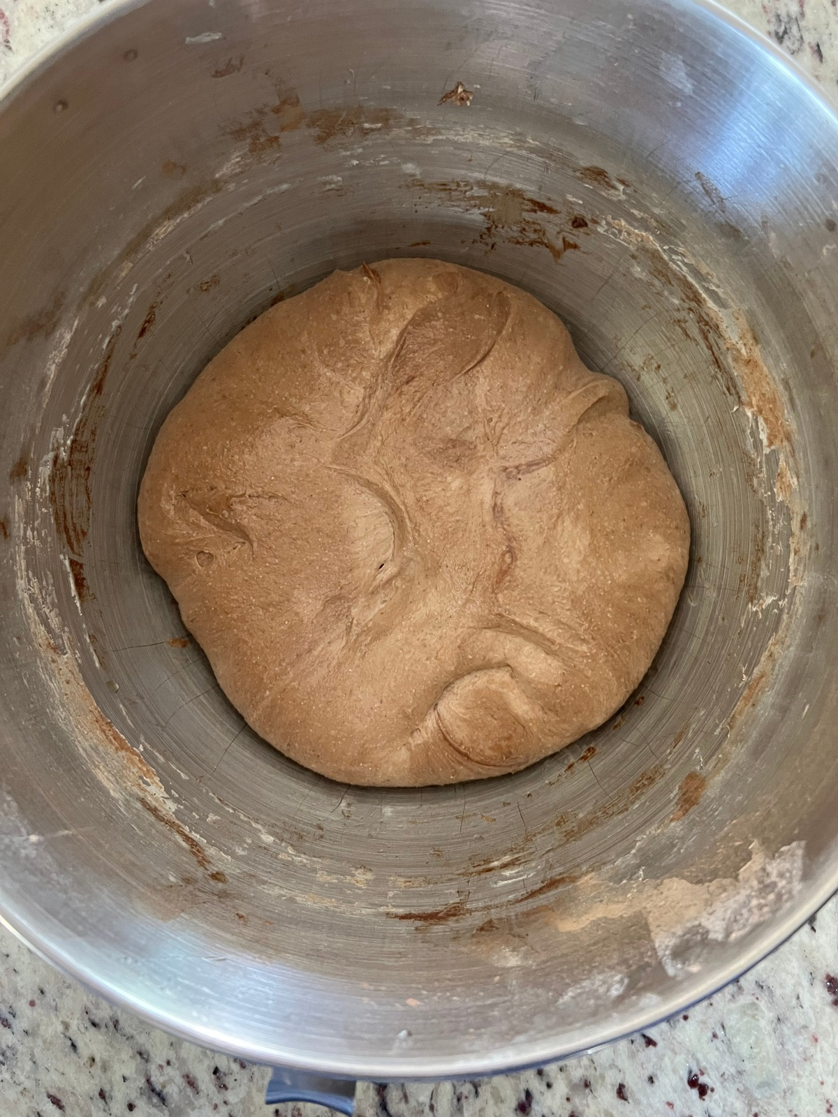 The darker rye sourdough dough ball is shown bulk fermented in the bowl. 