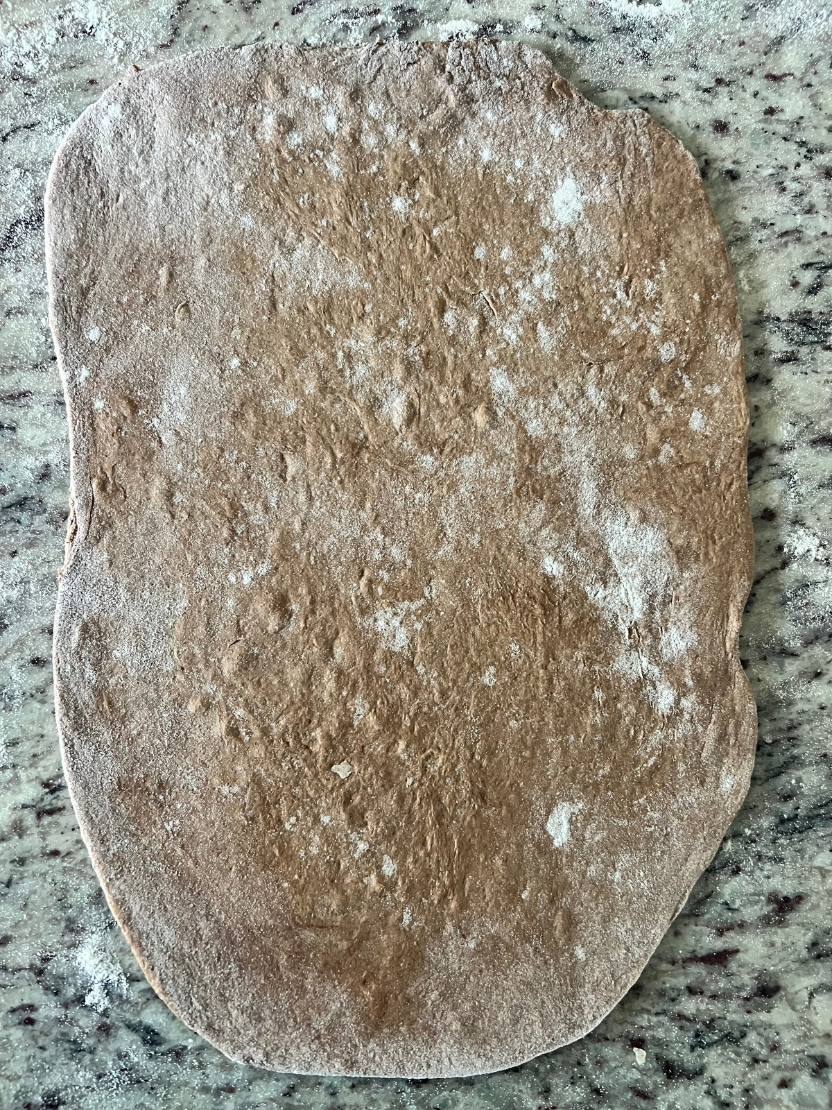 The dark sourdough rye dough has been rolled out into a rectangle.