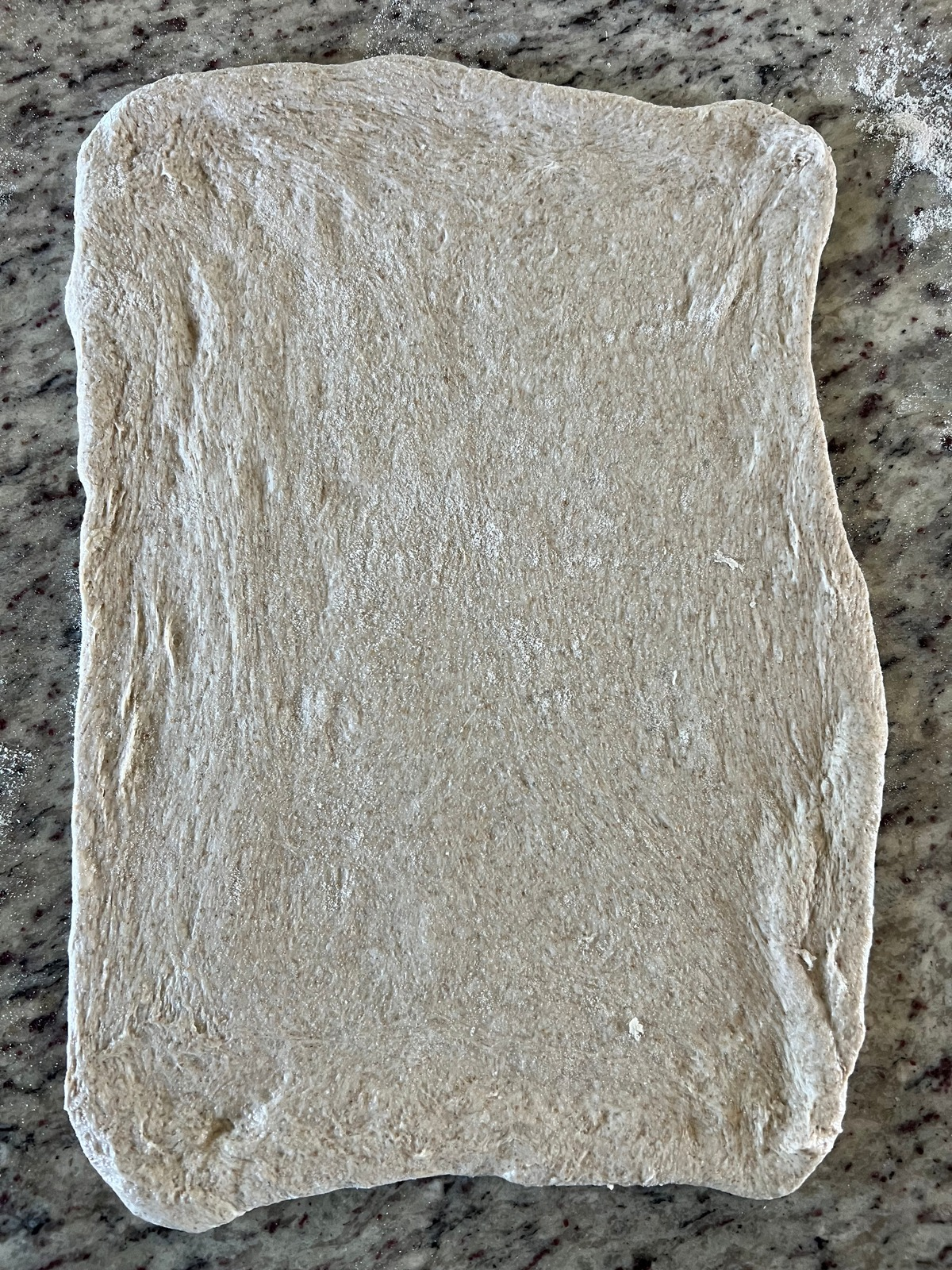 The light sourdough rye dough has been rolled out into a rectangle.