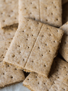 A closeup of a single sourdough graham crackers square with several in the background.