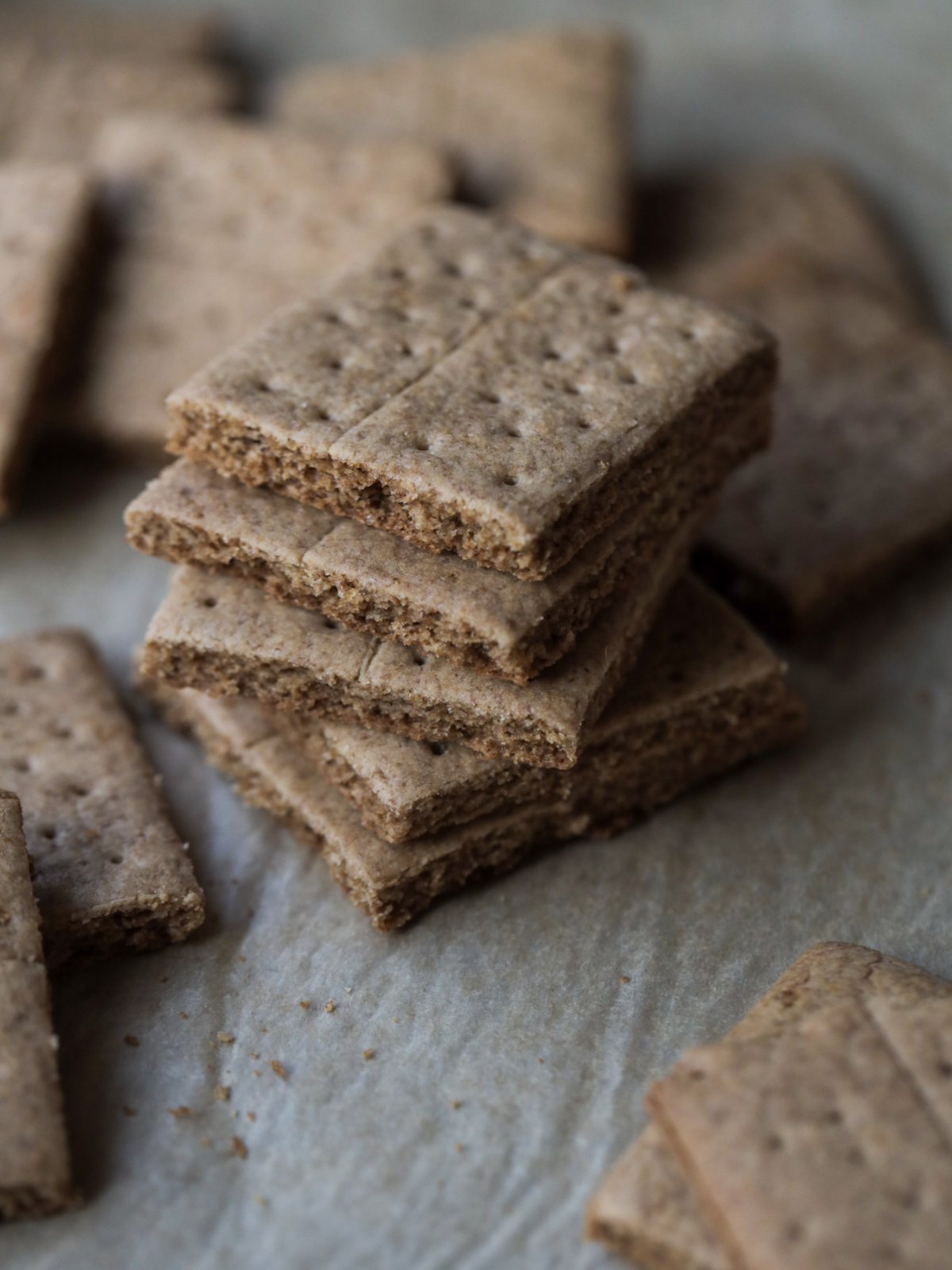 Five graham crackers squares sit stacked on top of each other. There are several squares in the background and several in the foreground as well. 