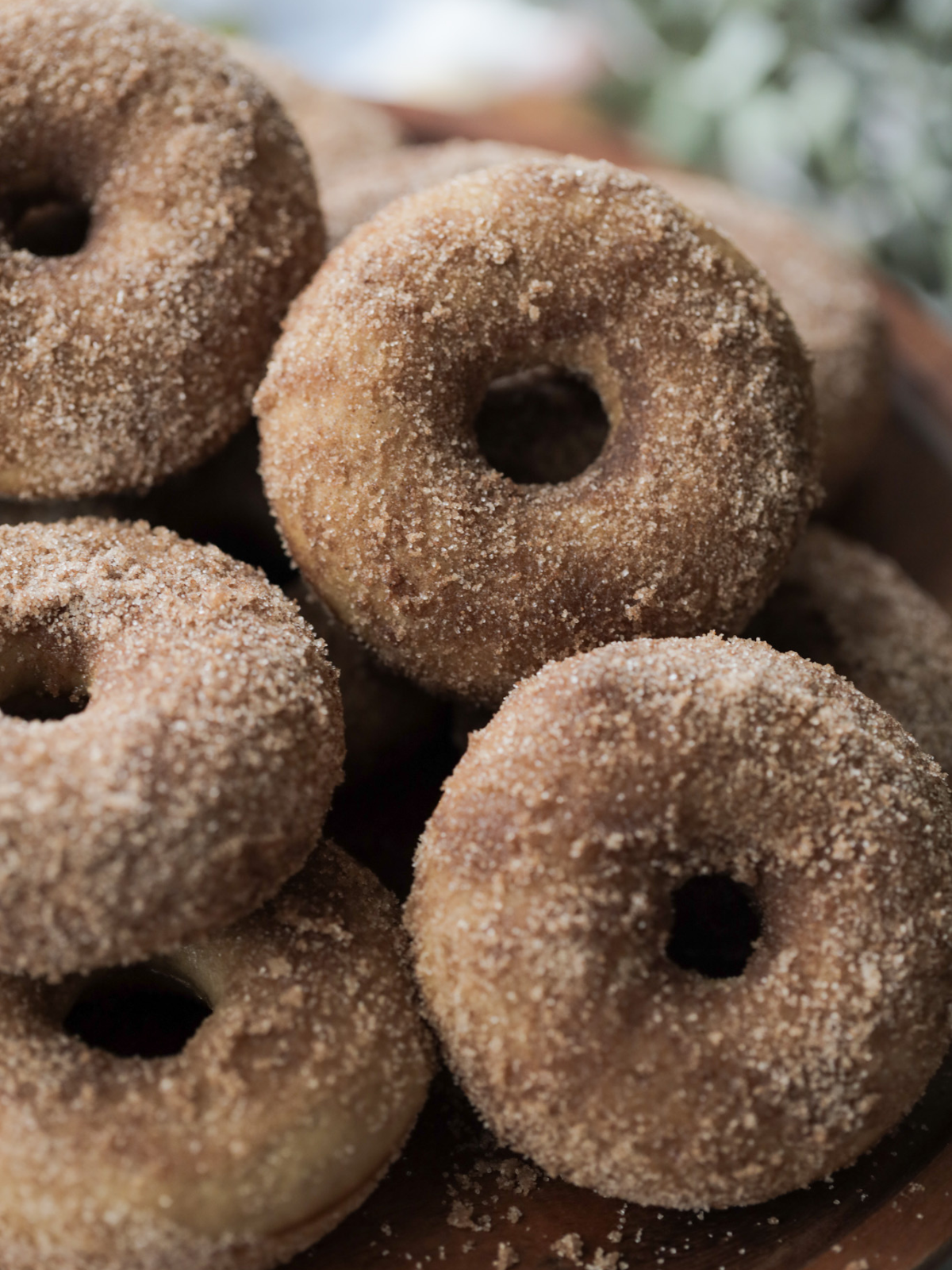 A closeup of several sourdough discard apple cider donuts on a cake stand.
