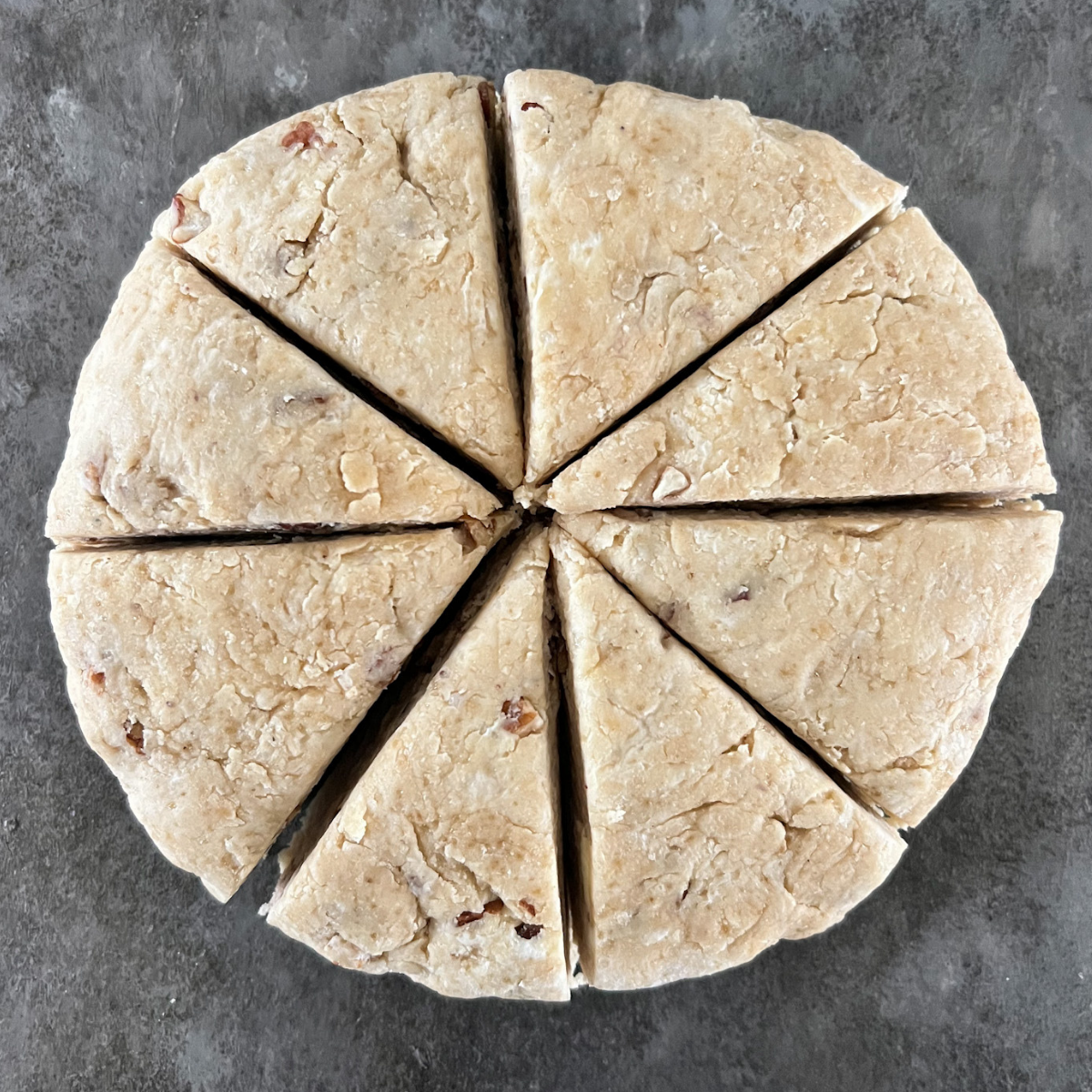 The maple pecan sourdough scones are cut into 8 triangles before baking.