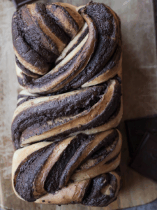 A loaf of freshly baked sourdough chocolate babka.