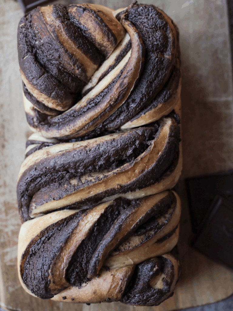 A loaf of freshly baked sourdough chocolate babka.