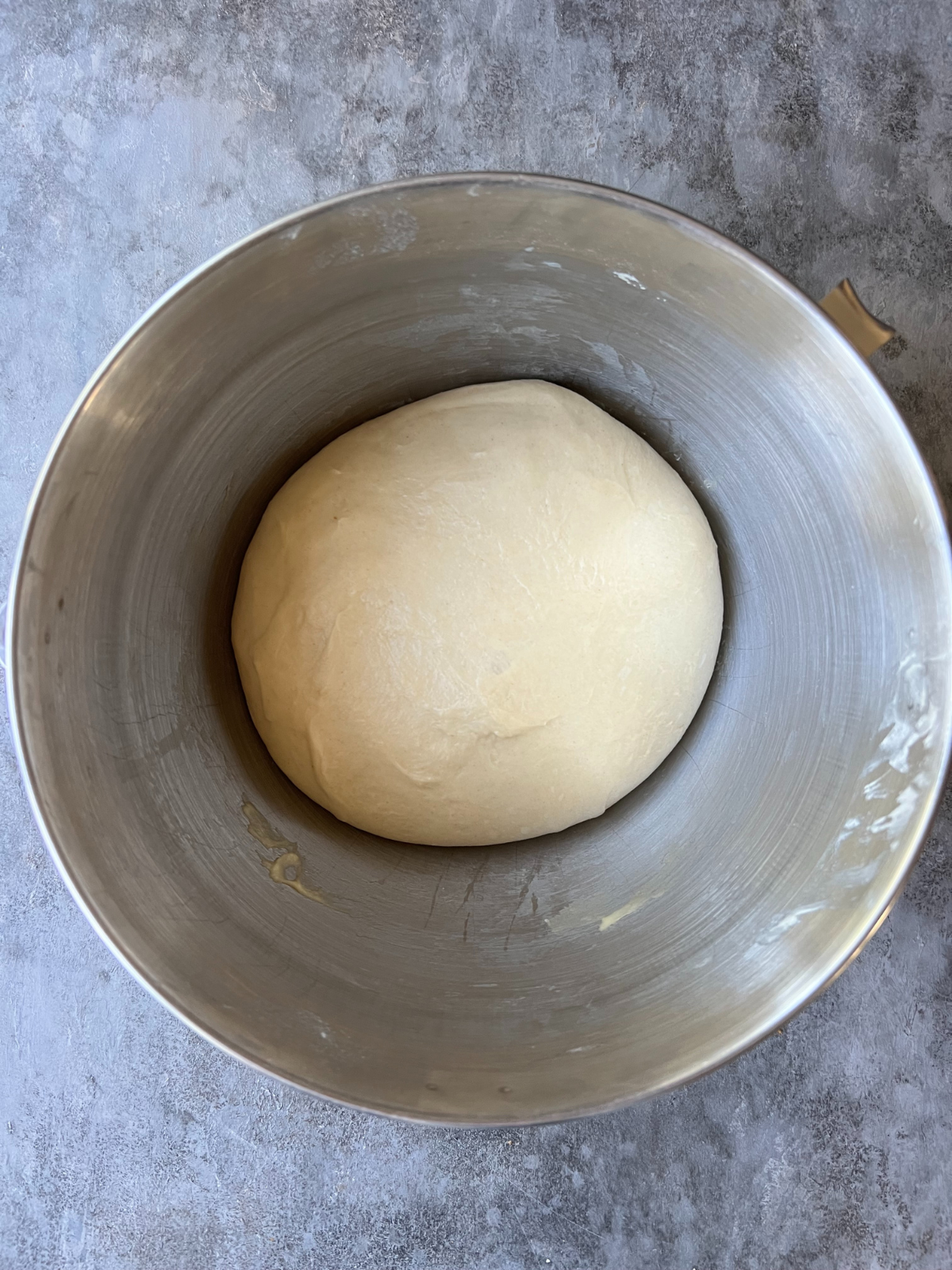The dough ball for the sourdough chocolate babka sits in a bowl after rising for several hours.