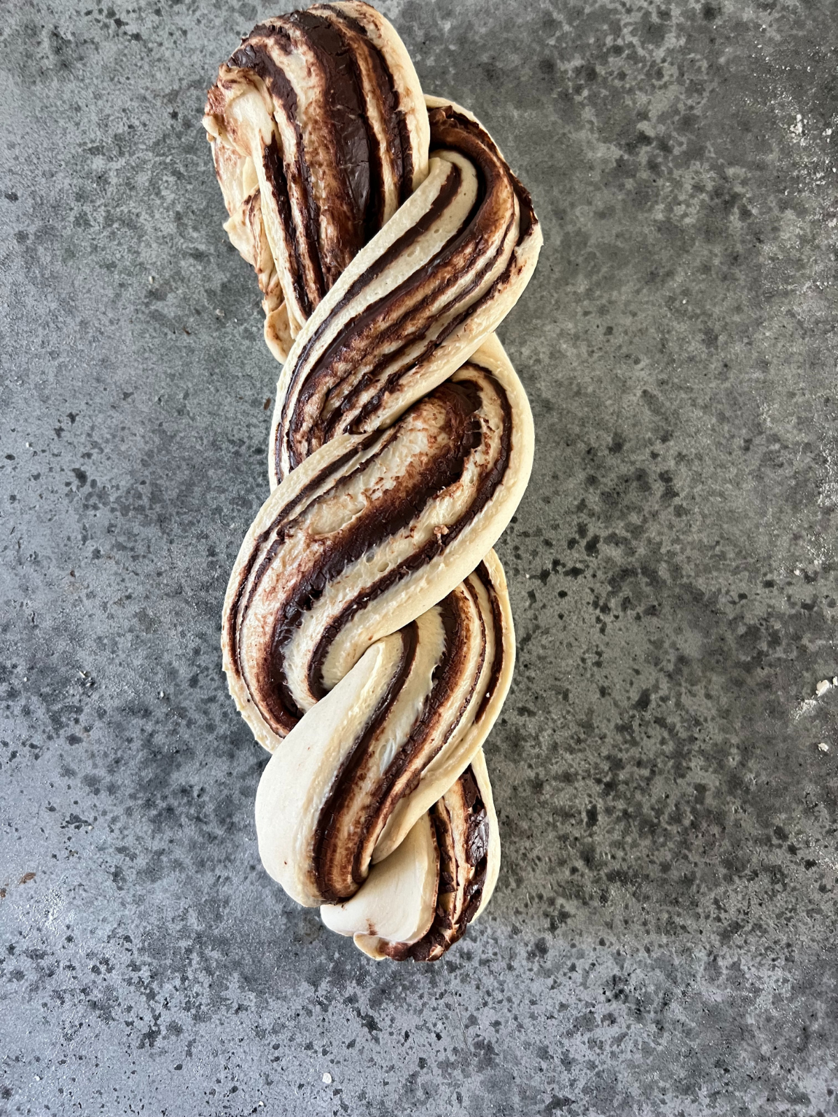 The sourdough babka sourdough dough is now braided into its shape.