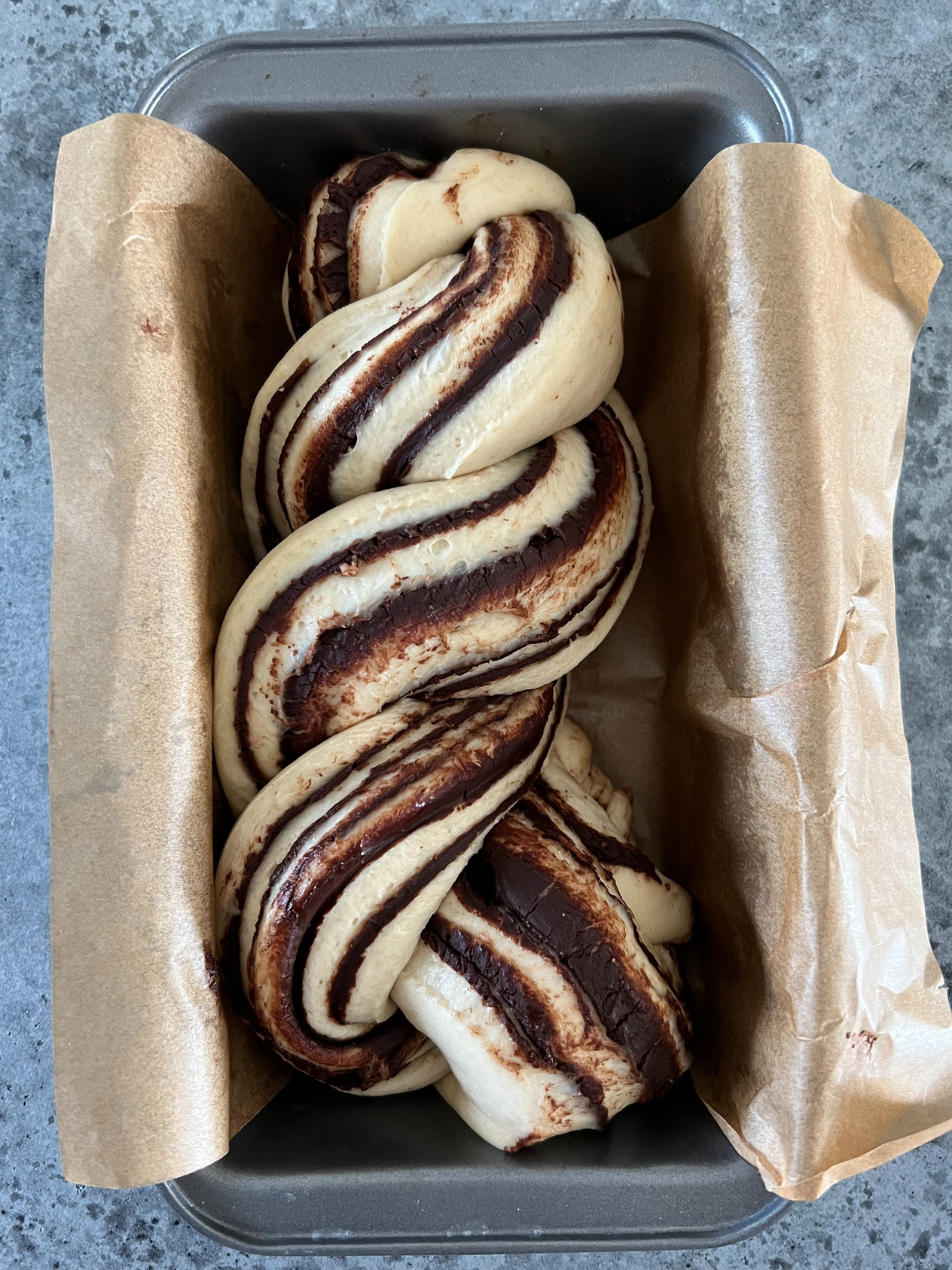 The dough has risen a second time and is ready to be baked. The babka dough sits in the loaf pan.