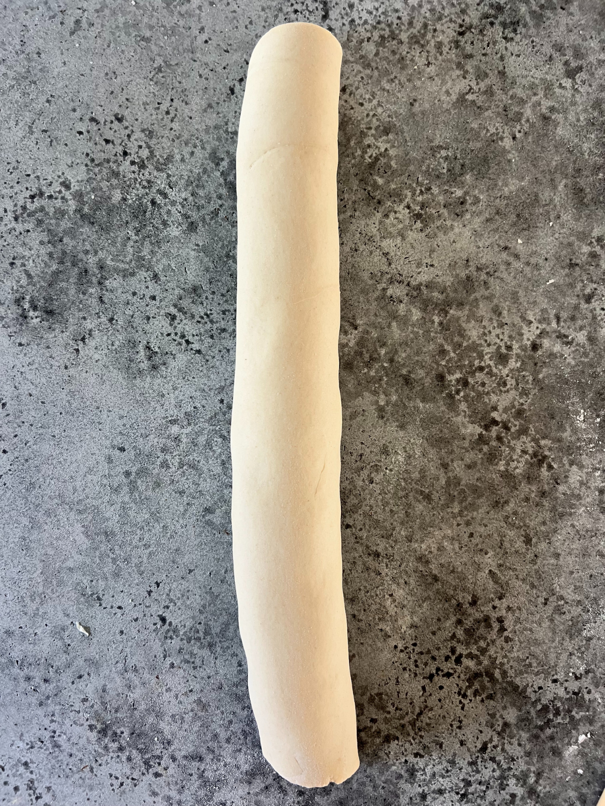 The sourdough chocolate babka dough is shown rolled lengthwise into a cylinder.
