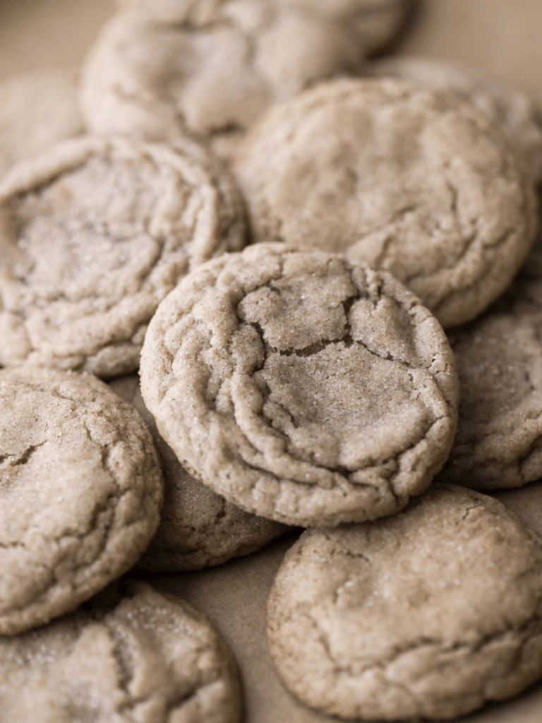 Closeup picture of many sourdough discard snickerdoodles.
