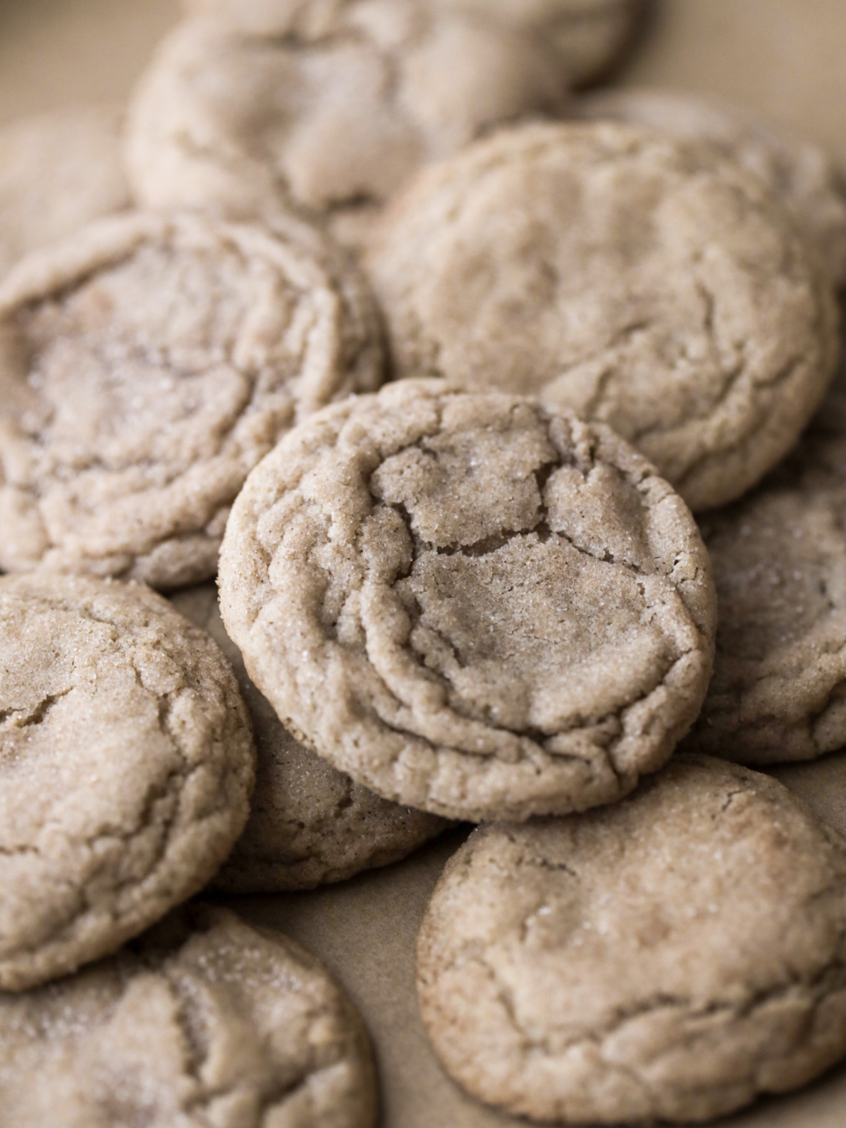 Closeup picture of many sourdough discard snickerdoodles.