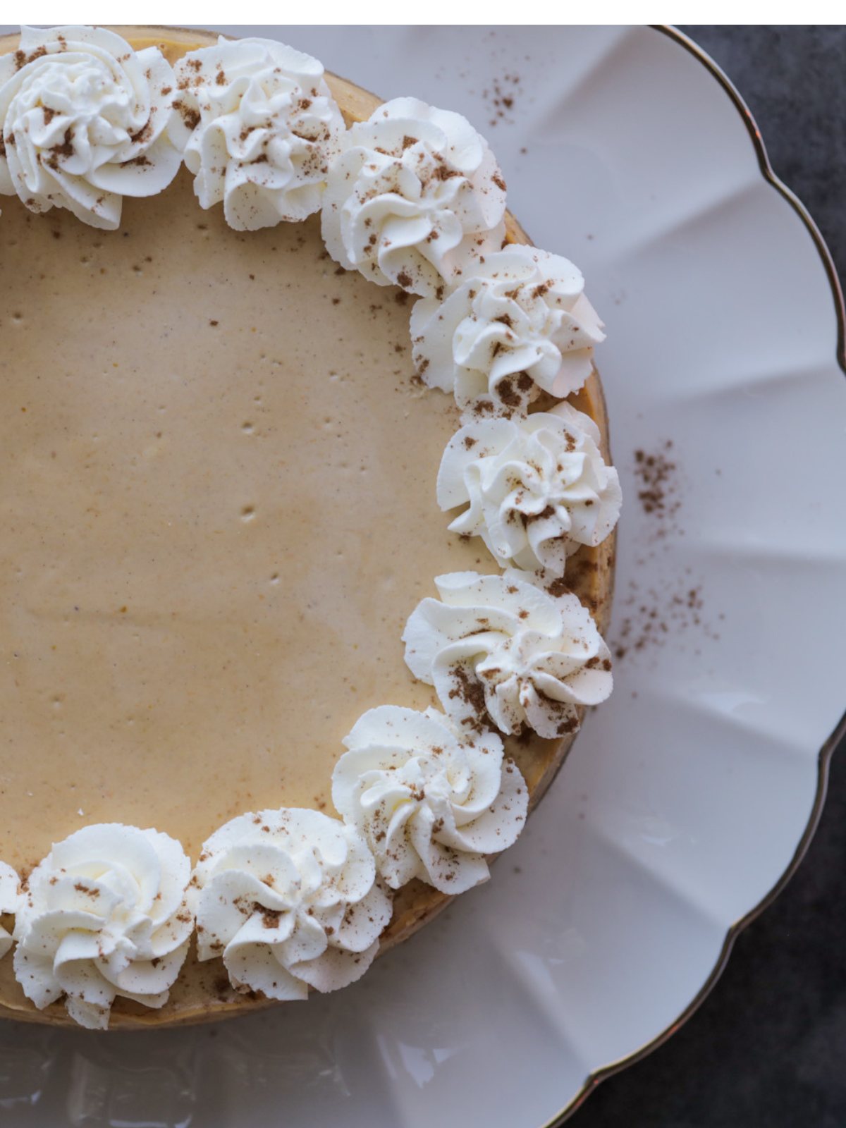 A closeup of the creamy and delicious pumpkin cheesecake with whipped cream topping. 