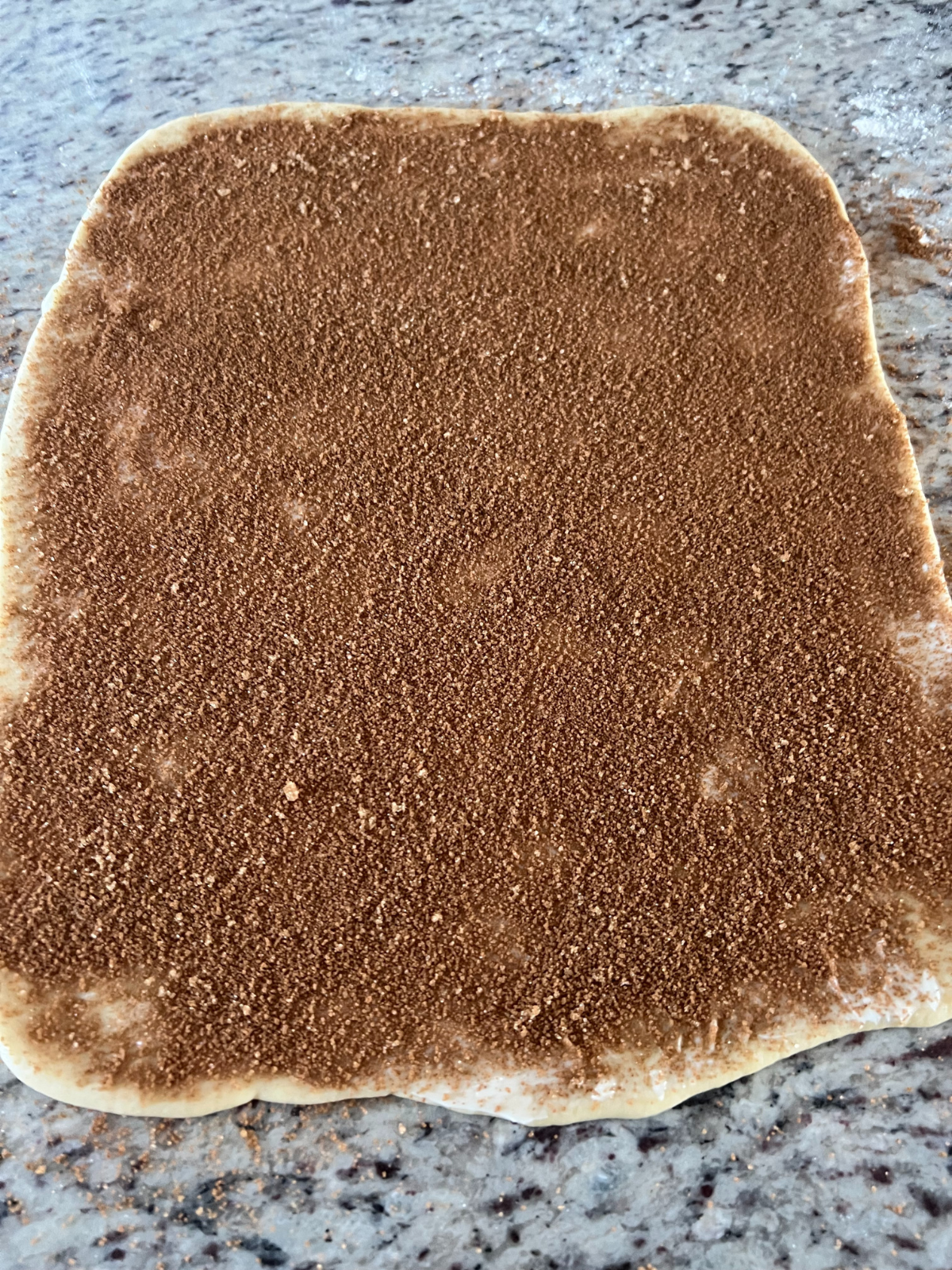 The sourdough cinnamon roll dough sits on the counter with the cinnamon brown sugar and butter filling spread over it. 