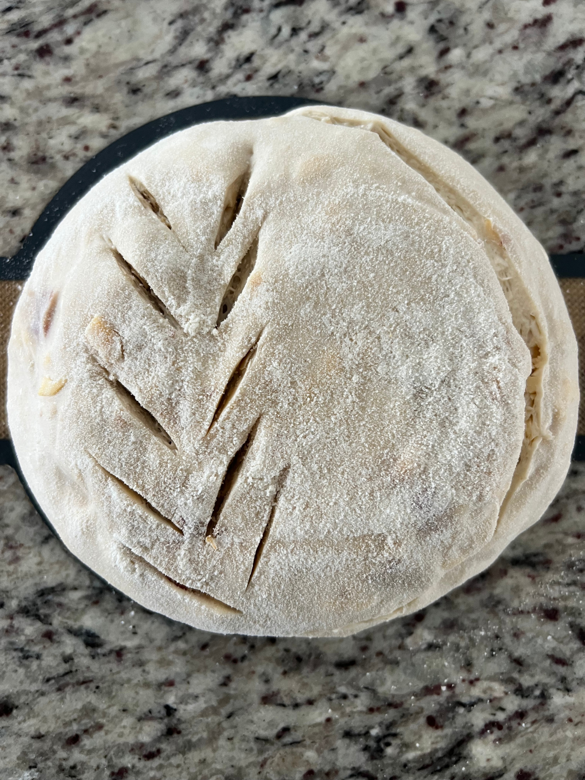 The sourdough dough ball sits on a bread sling after an overnight cold ferment and being scored.
