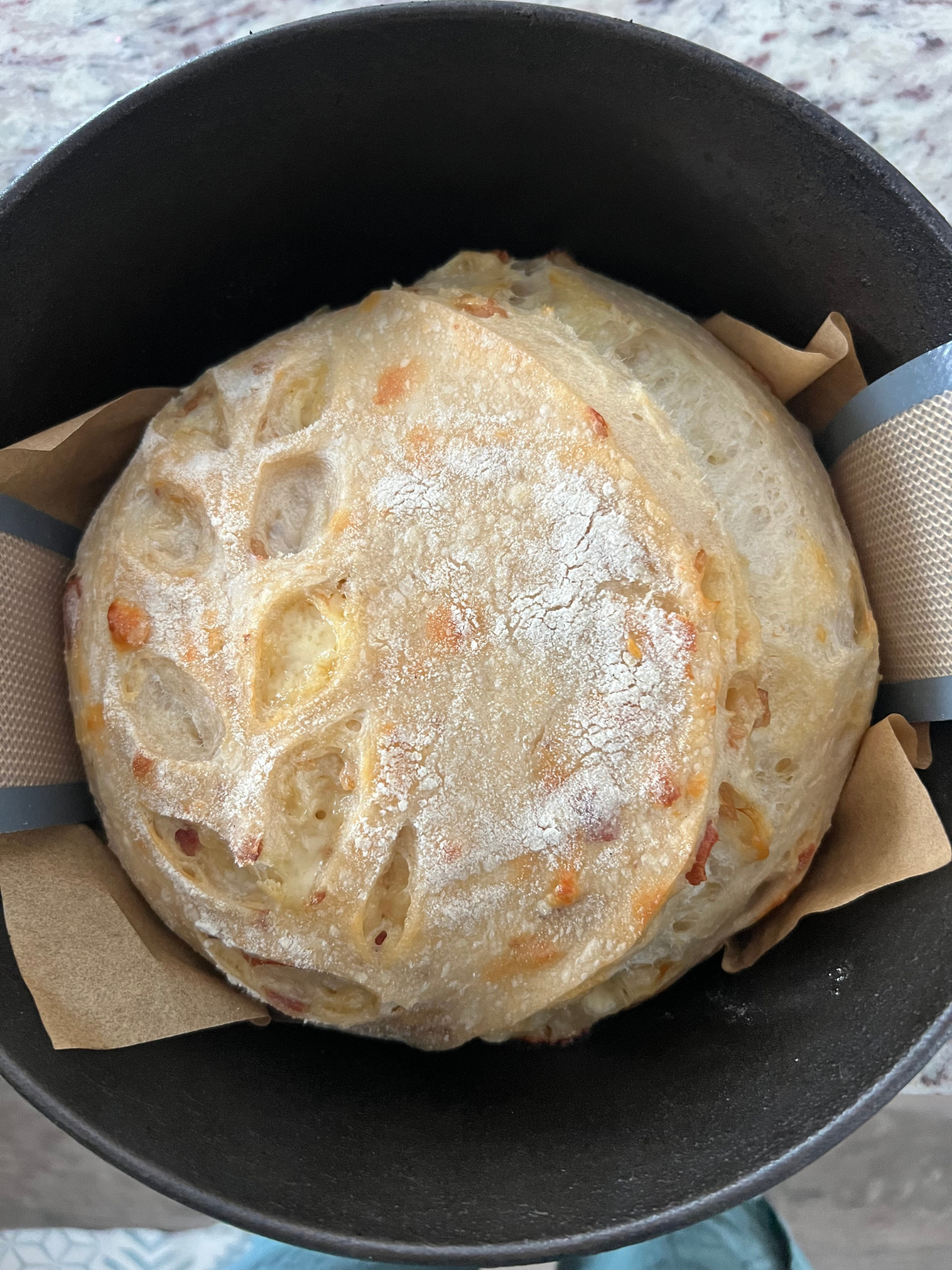 The sourdough bacon and smoked gouda bread is shown in the Dutch oven part way through the baking process (right after the lid has been removed).