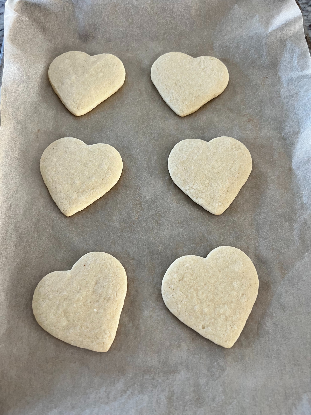 The freshly baked sourdough discard sugar cookies sit on a parchment paper lined baking sheet.