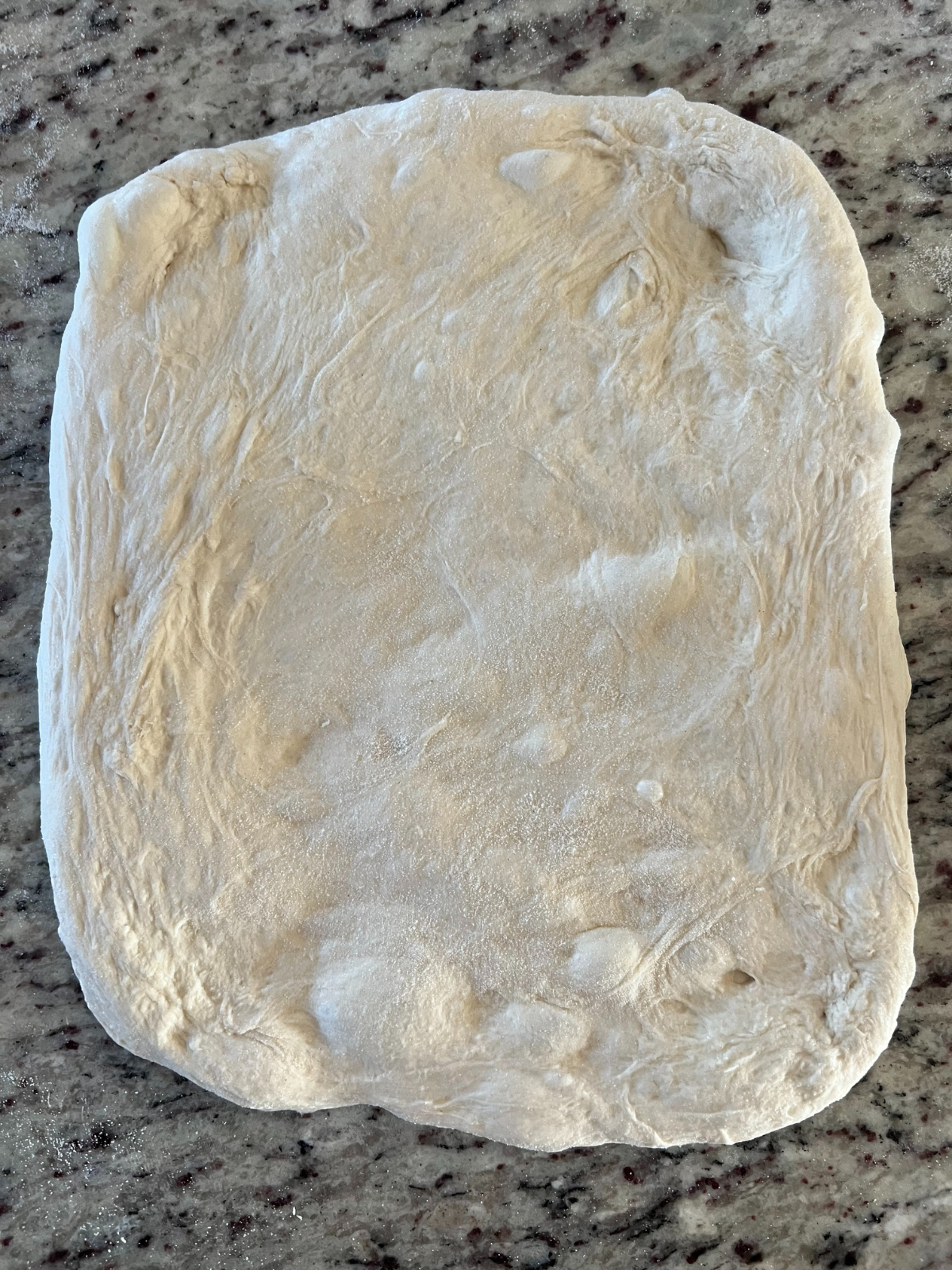 The sourdough dough is laid out in a rectangle ready for the inclusions.