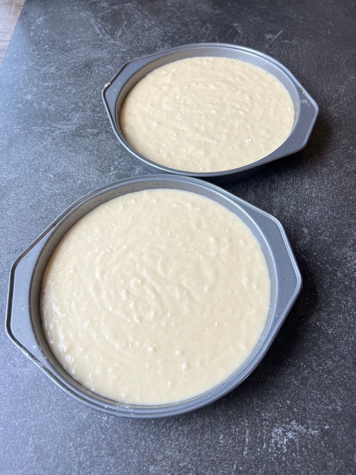 The sourdough vanilla birthday cake batter is split evenly between two 9 inch round cake pans.