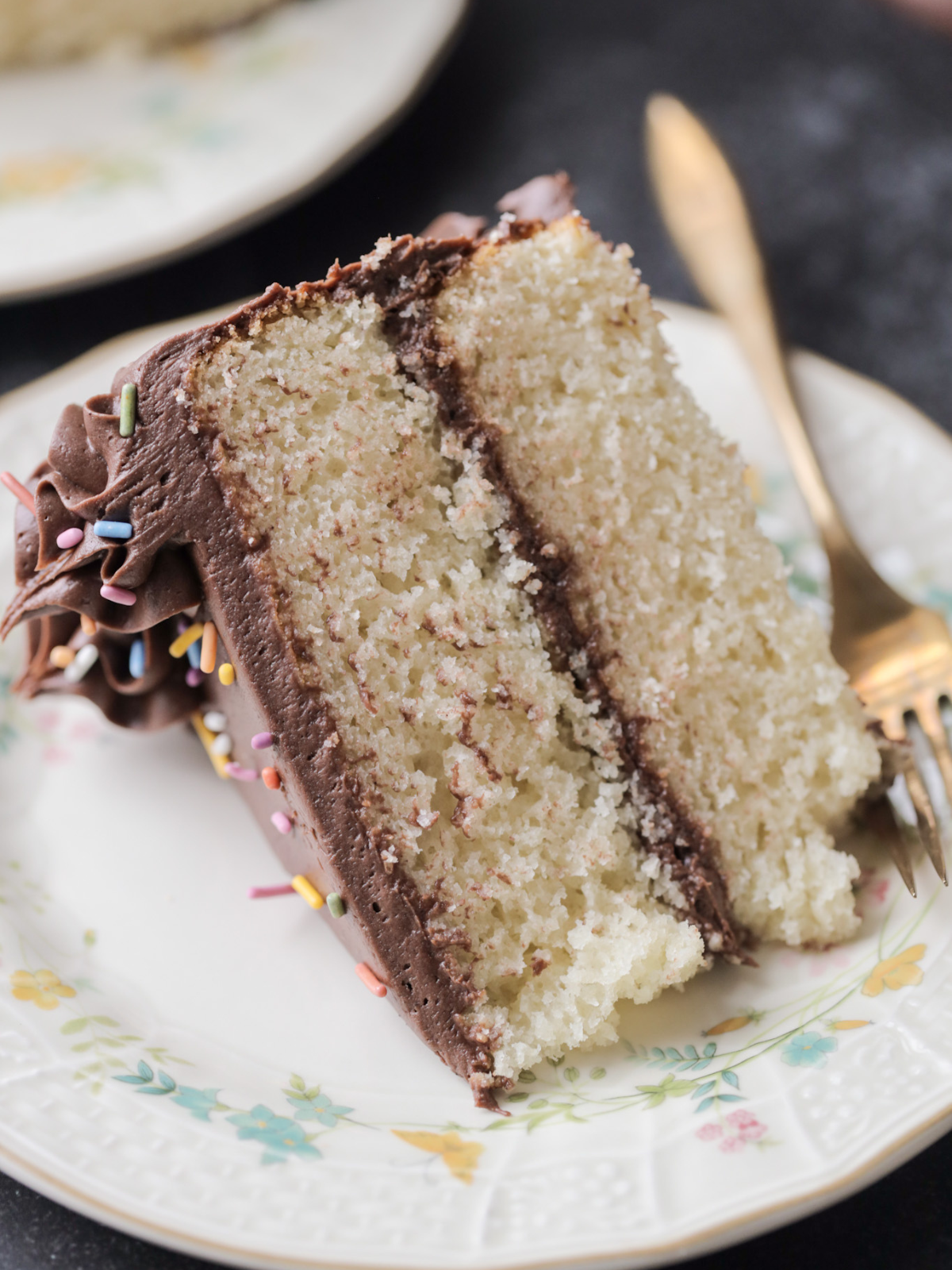 A slice of fluffy sourdough vanilla birthday cake sits on a floral plate. It is topped with chocolate cream cheese frosting. 