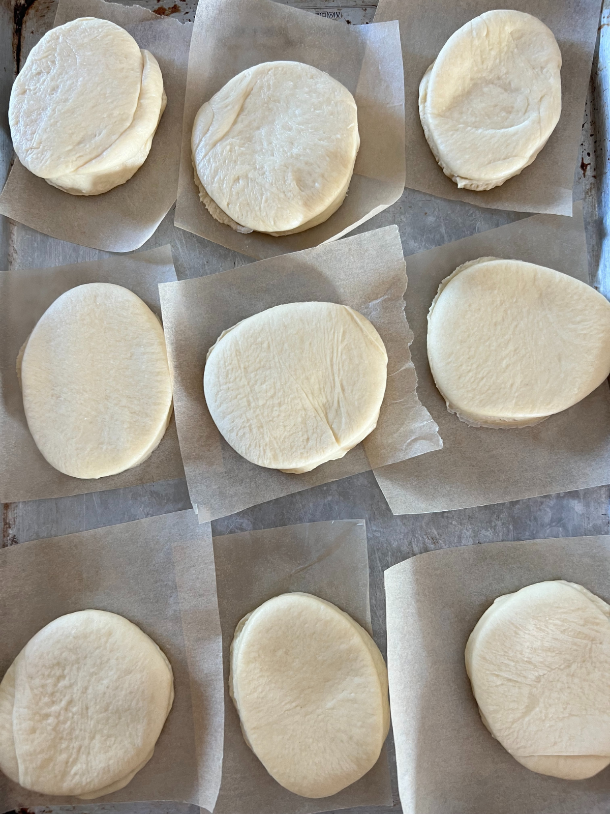 The sourdough donuts are each on their own parchment paper square preparing for their second rise. 