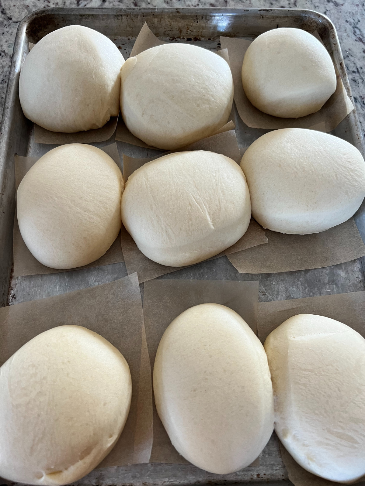 The sourdough discard donuts have risen after 2 hours of their second rise. 