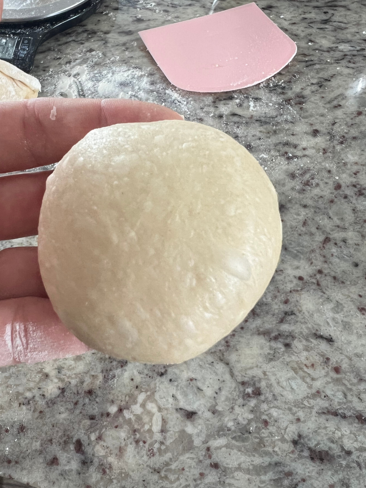 A Brioche sourdough dinner roll dough ball sits in my hand.