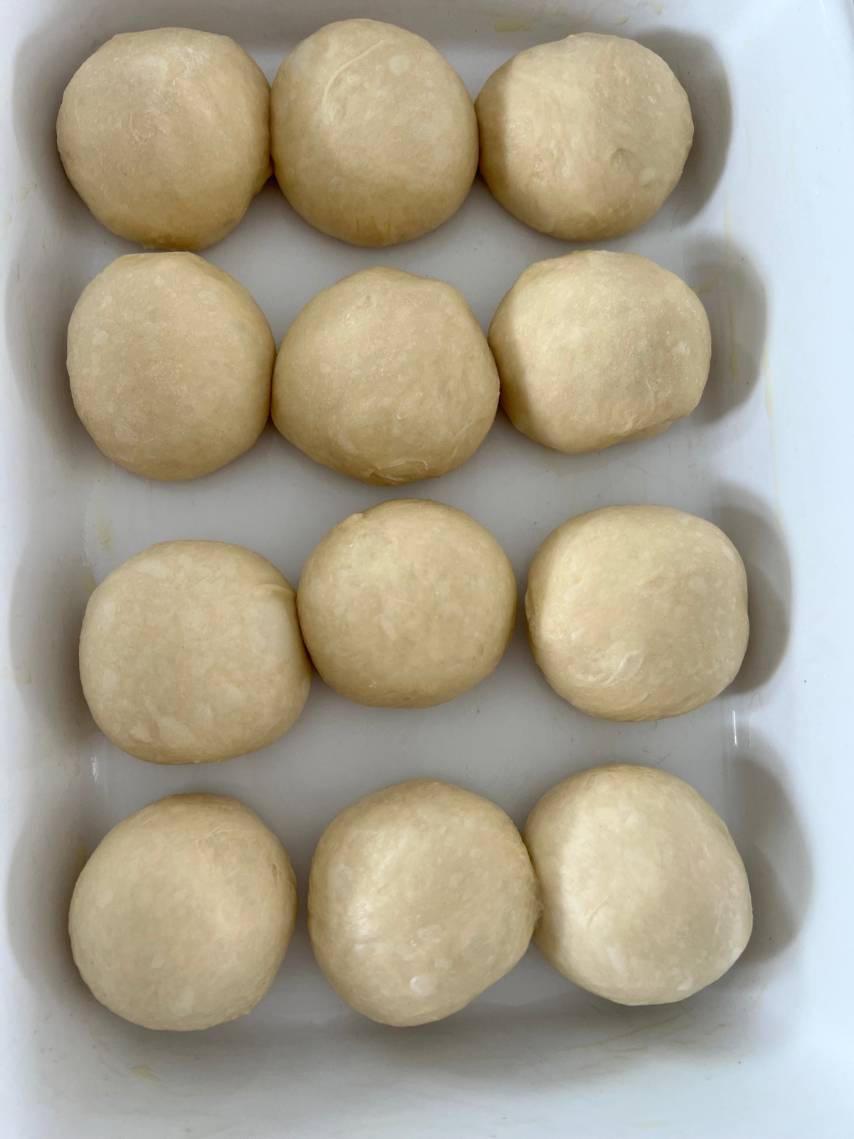 The sourdough dinner rolls sit in the greased baking pan before their second rise. 