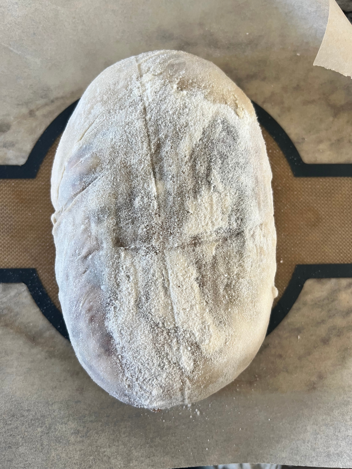 The sourdough cinnamon sugar dough ball sits on a bread sling after its overnight cold ferment.