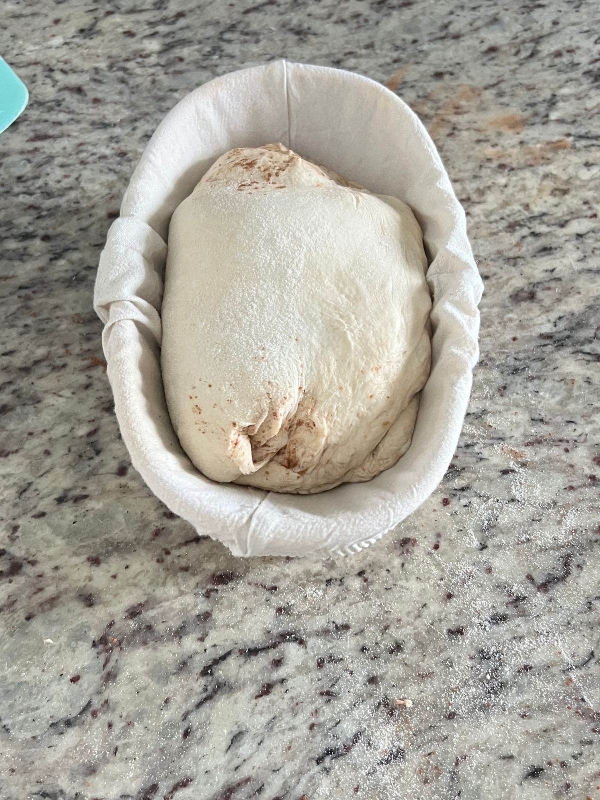 The dough is placed in the floured banneton.