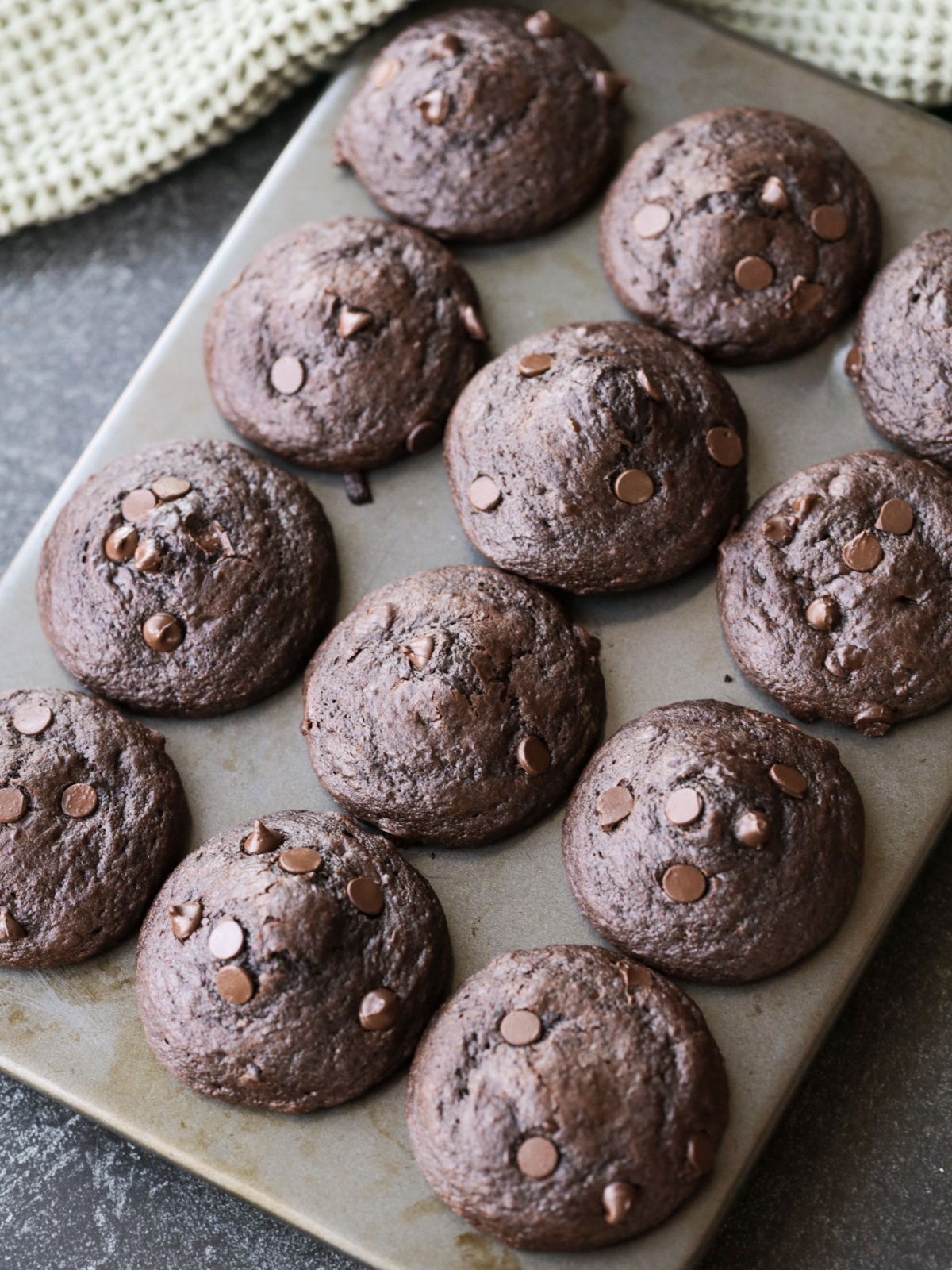 Baked sourdough double chocolate chip muffins sit in a muffin pan with a green kitchen towel in the background.