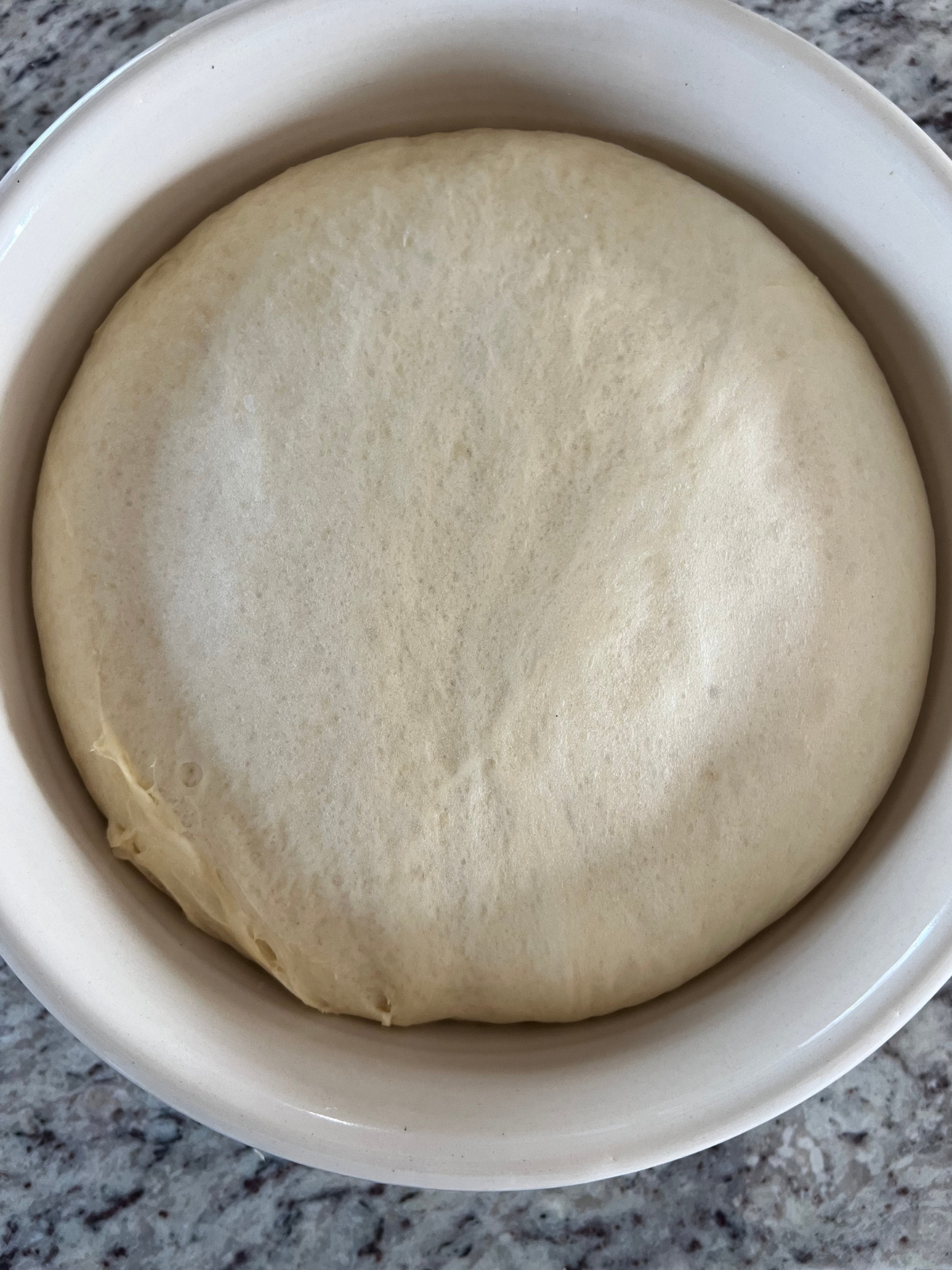 The enriched sourdough strawberry cream cheese bun dough is shown having doubled in size and is ready to be shaped.