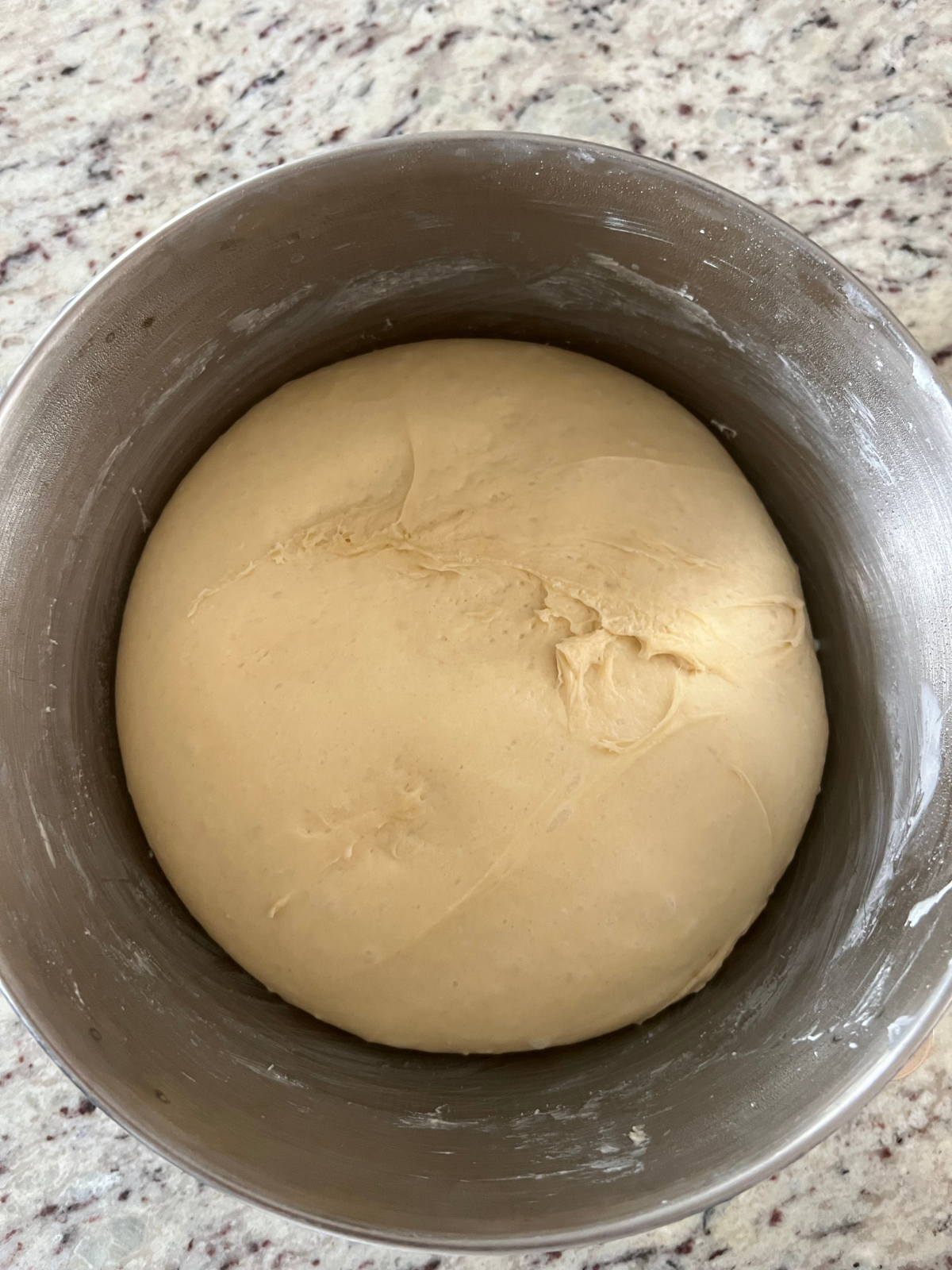 The sourdough brioche dough has bulk fermented for about 6 hours. It has visibly risen.