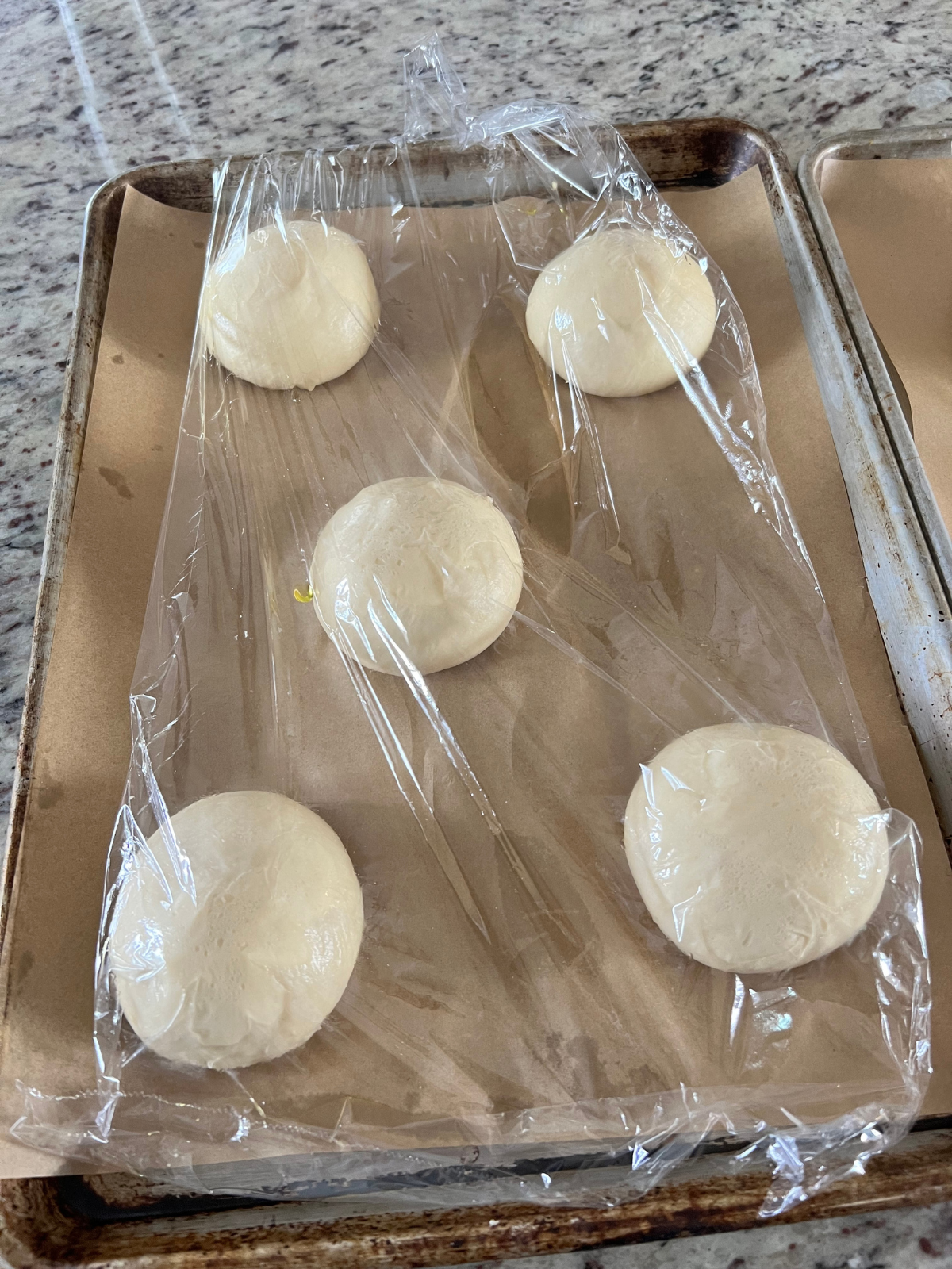 The sourdough brioche burger bun dough balls have completed their second rise. Plastic wrap still rests on top of them.