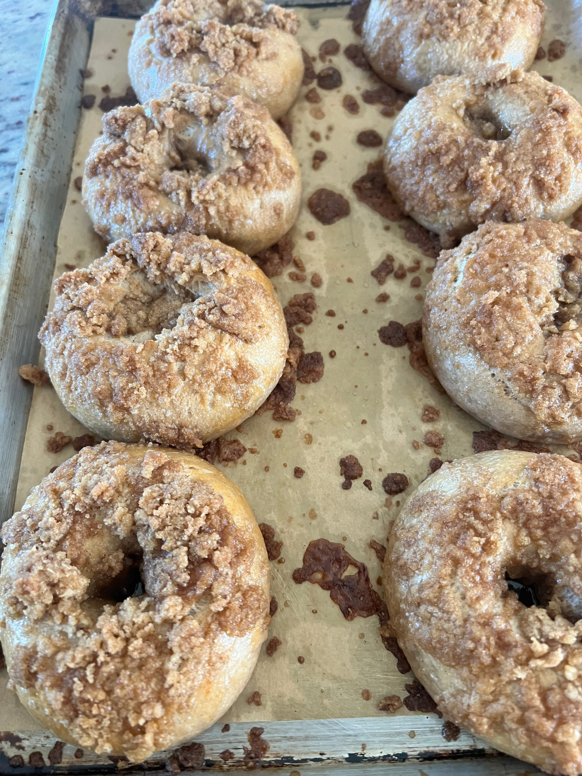 The sourdough cinnamon crunch bagels are shown on the baking sheet freshly baked out of the oven.