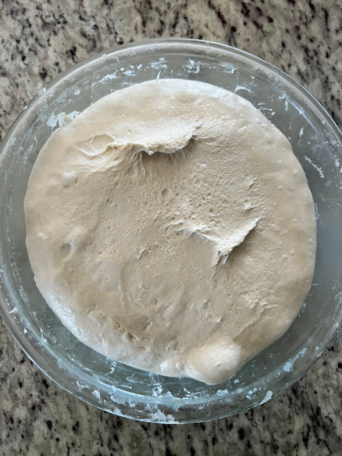 The sourdough pickle focaccia dough is shown in a glass mixing bowl after the overnight cold ferment. It is visibly risen with bubbles.
