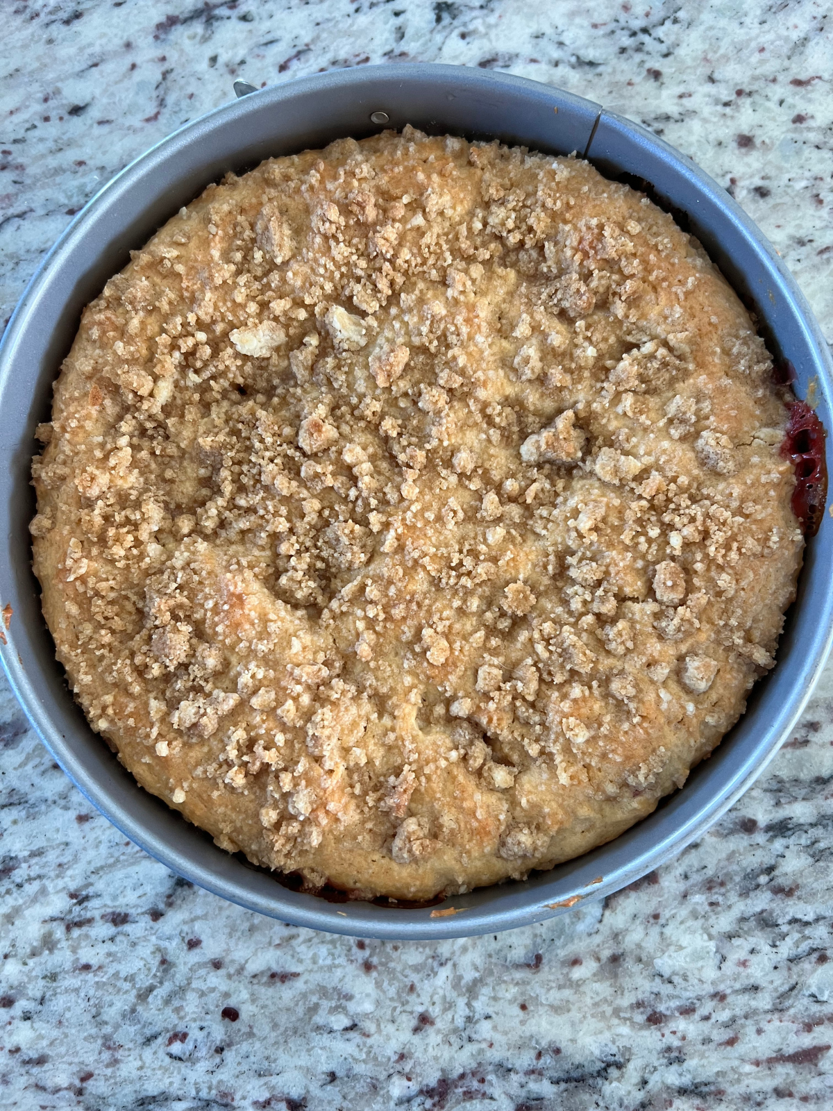 The freshly baked sourdough strawberry coffee cake rests on the counter, cooling.