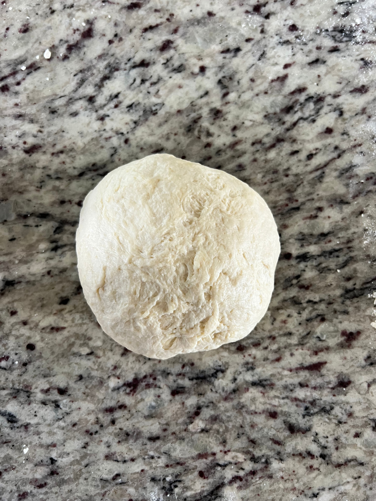 The sourdough tortilla dough has been kneaded and shaped into a dough ball. It will rest for 30 minutes before dividing into smaller dough balls.