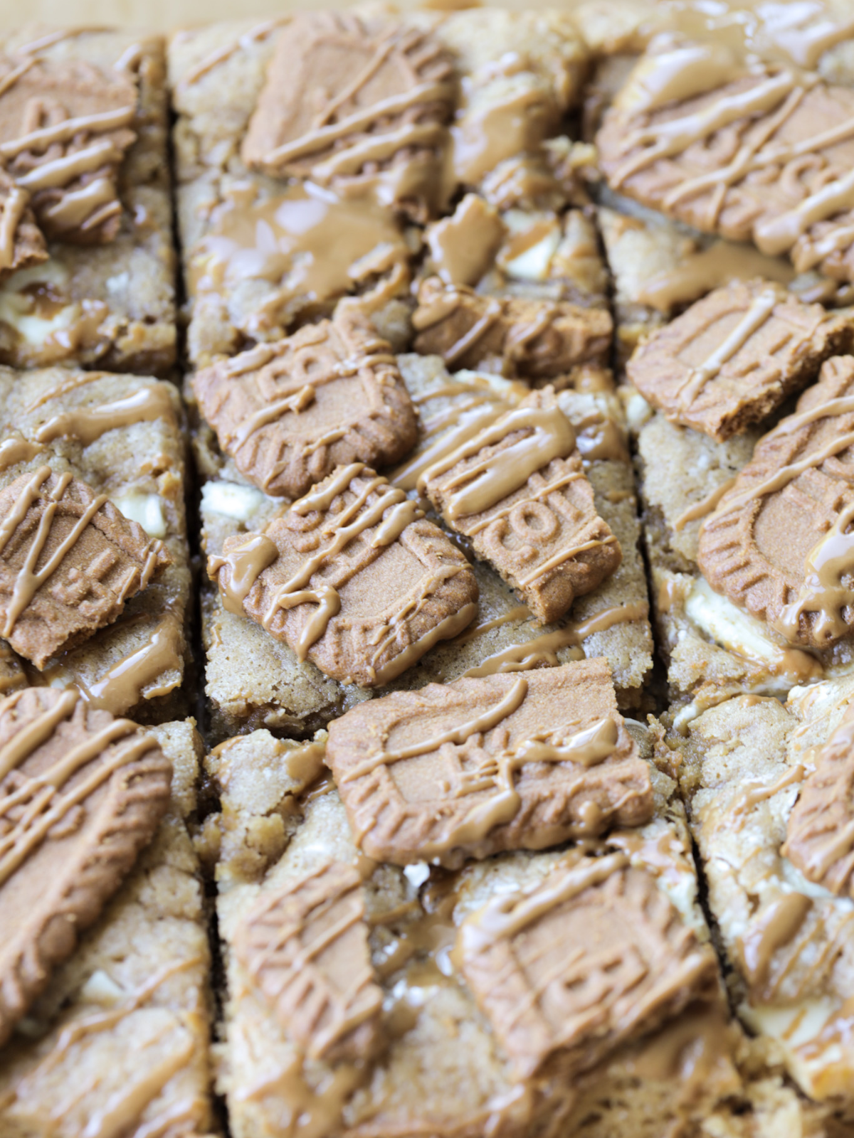 A closeup of the freshly baked and sliced sourdough discard Biscoff blondies are shown with Biscoff cookie butter drizzled over them.