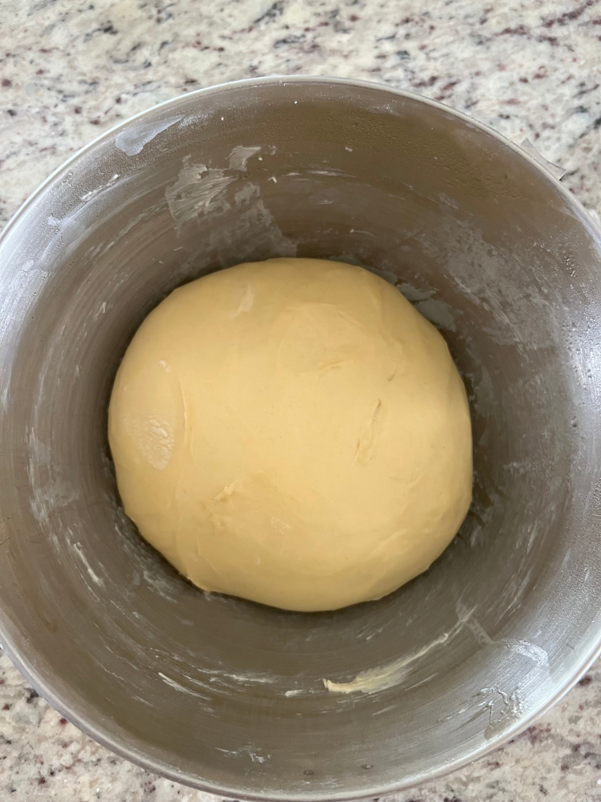 The sourdough brioche dough has risen and is ready to be shaped.