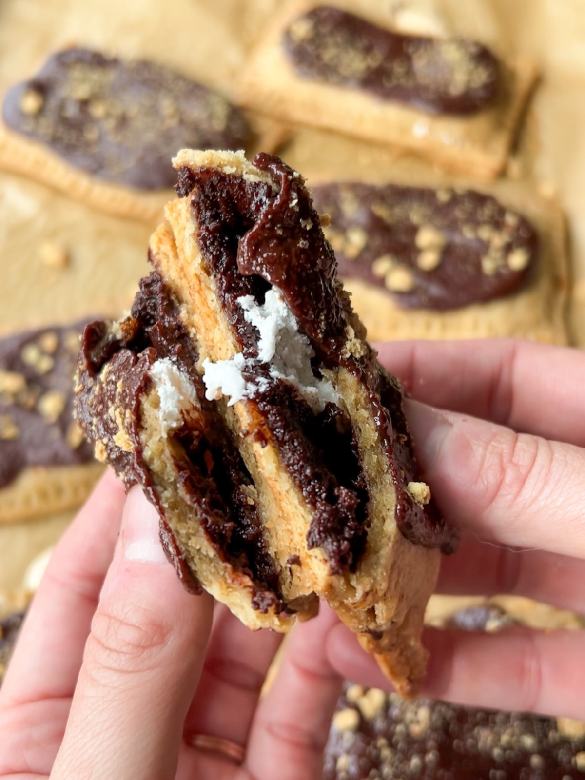 The sourdough s'mores pop tart has been split in half to show the gooey marshmallow fluff and chocolate ganache filling inside.