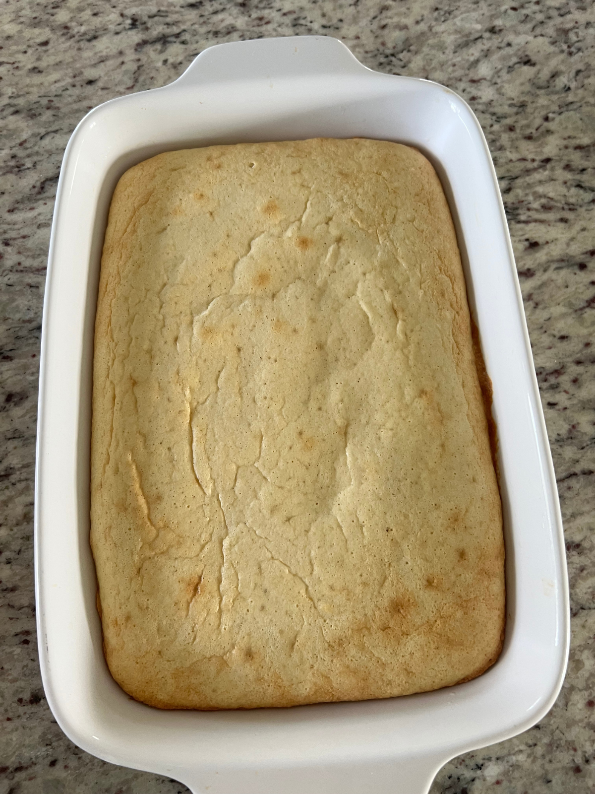 Sourdough discard tres leches cake freshly baked sits on the counter cooling.